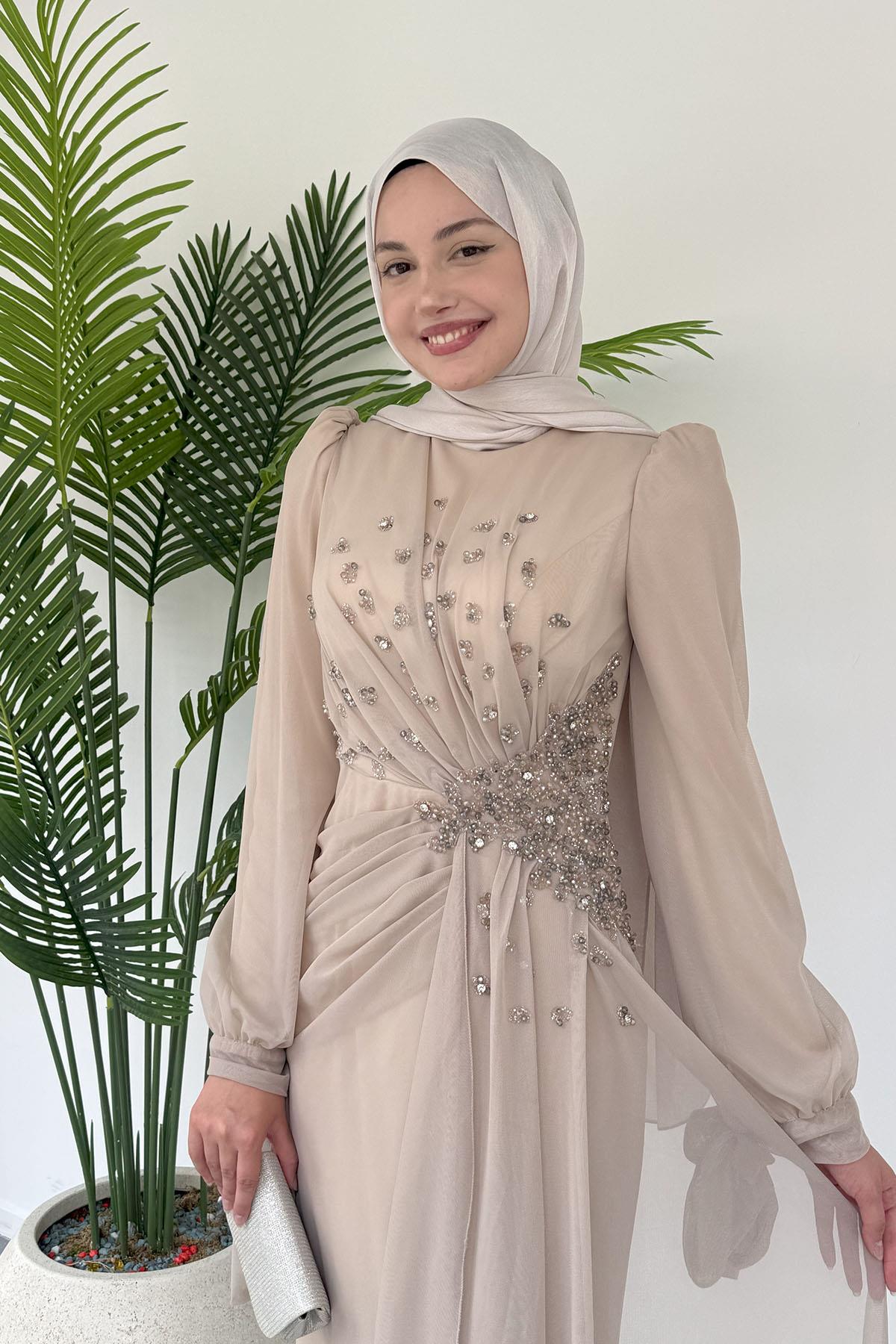 Taş Işıltılı Yandan Drapeli Tesettür Tül Abiye-TAŞ