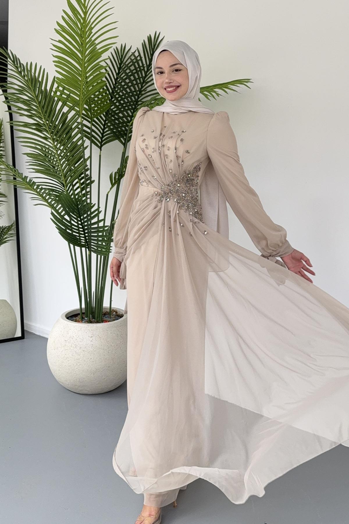 Taş Işıltılı Yandan Drapeli Tesettür Tül Abiye-TAŞ