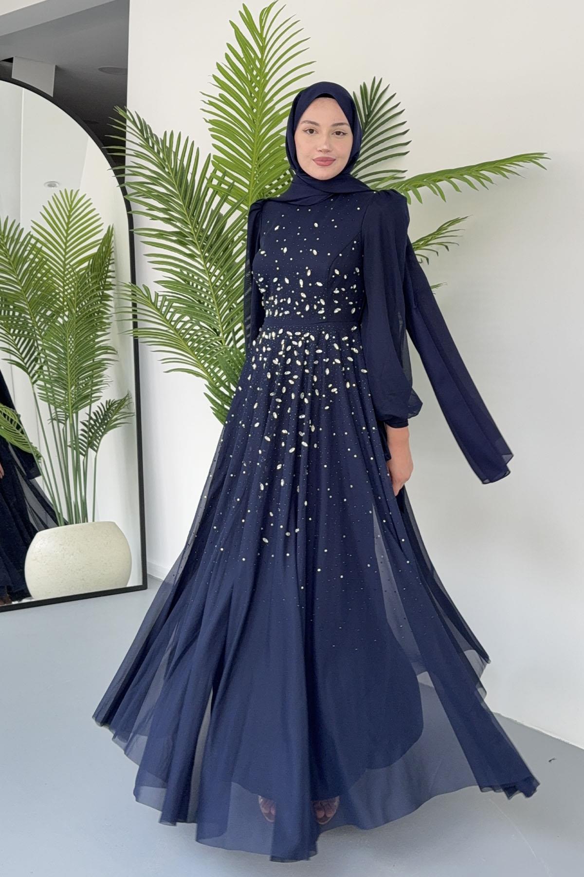 Taş İşlemeli Duru Tesettür Abiye-LACİVERT