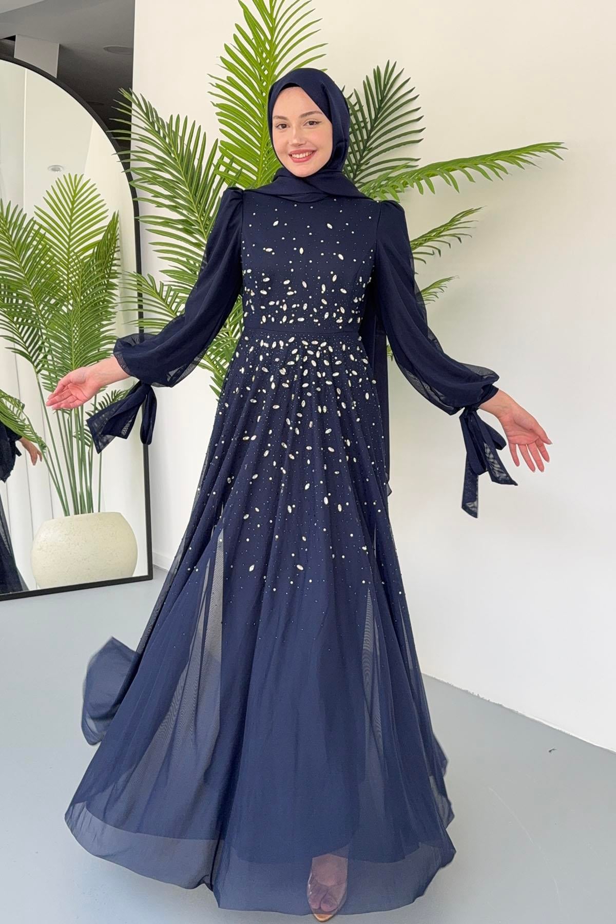 Taş İşlemeli Duru Tesettür Abiye-LACİVERT