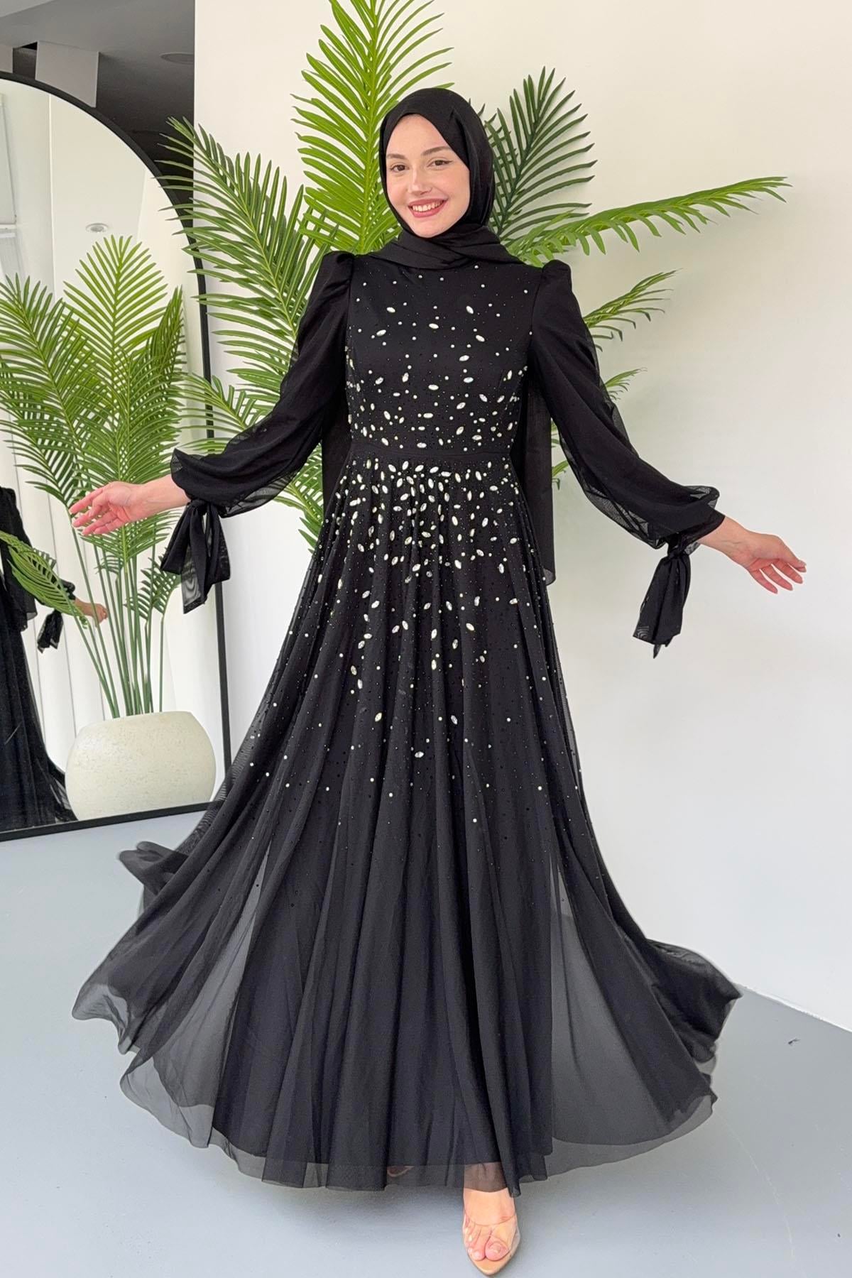 Taş İşlemeli Duru Tesettür Abiye-SİYAH