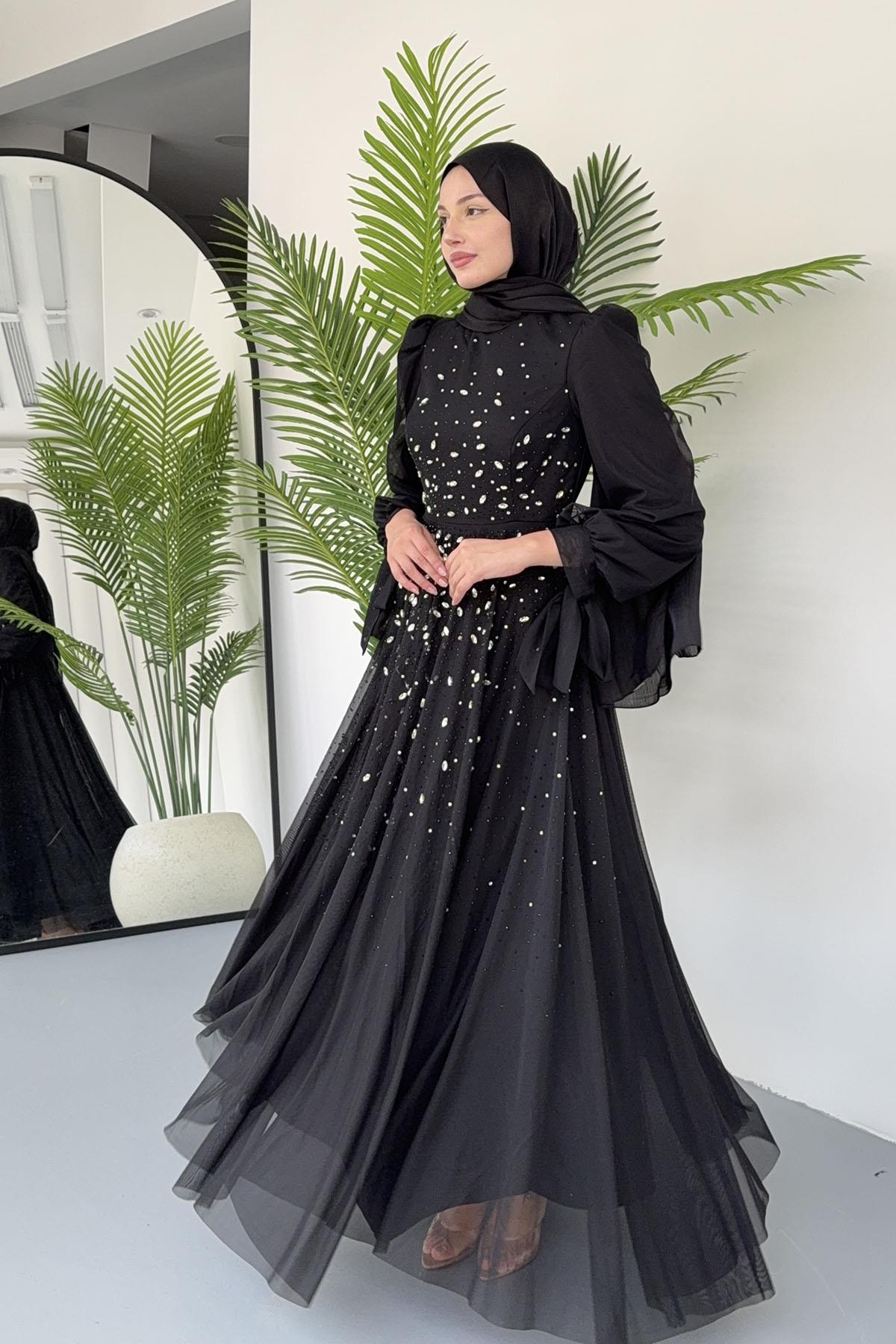 Taş İşlemeli Duru Tesettür Abiye-SİYAH