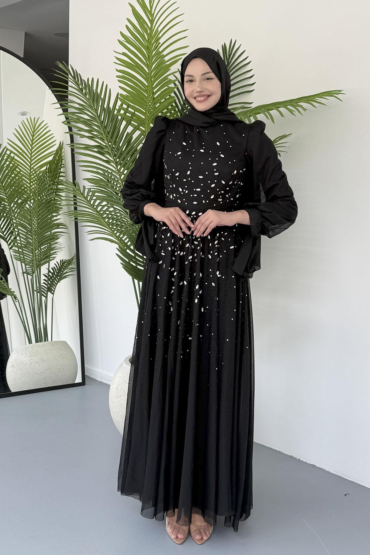 Taş İşlemeli Duru Tesettür Abiye-SİYAH