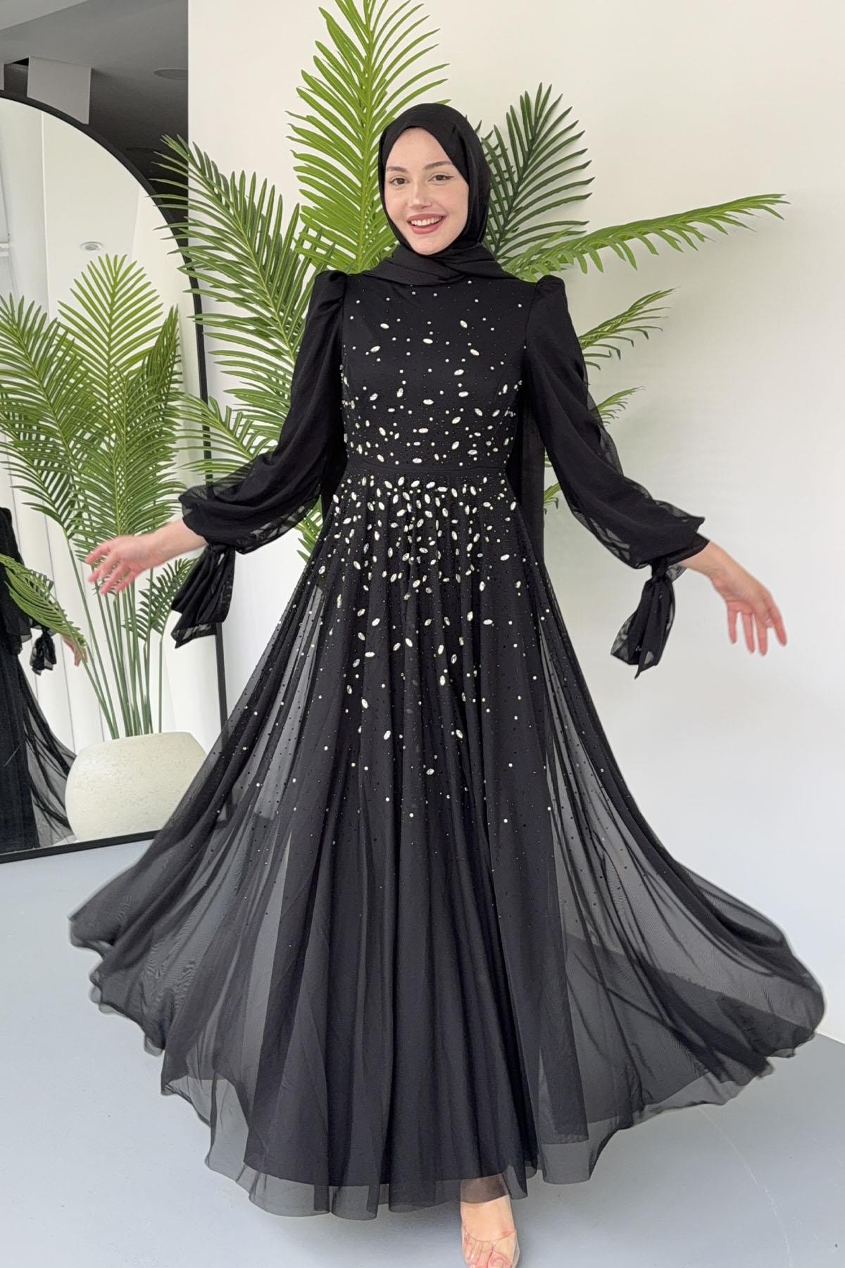 Taş İşlemeli Duru Tesettür Abiye-SİYAH