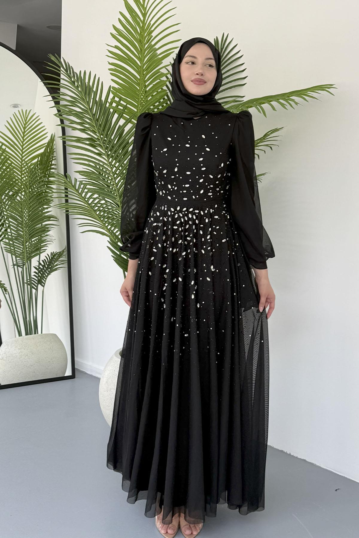 Taş İşlemeli Duru Tesettür Abiye-SİYAH