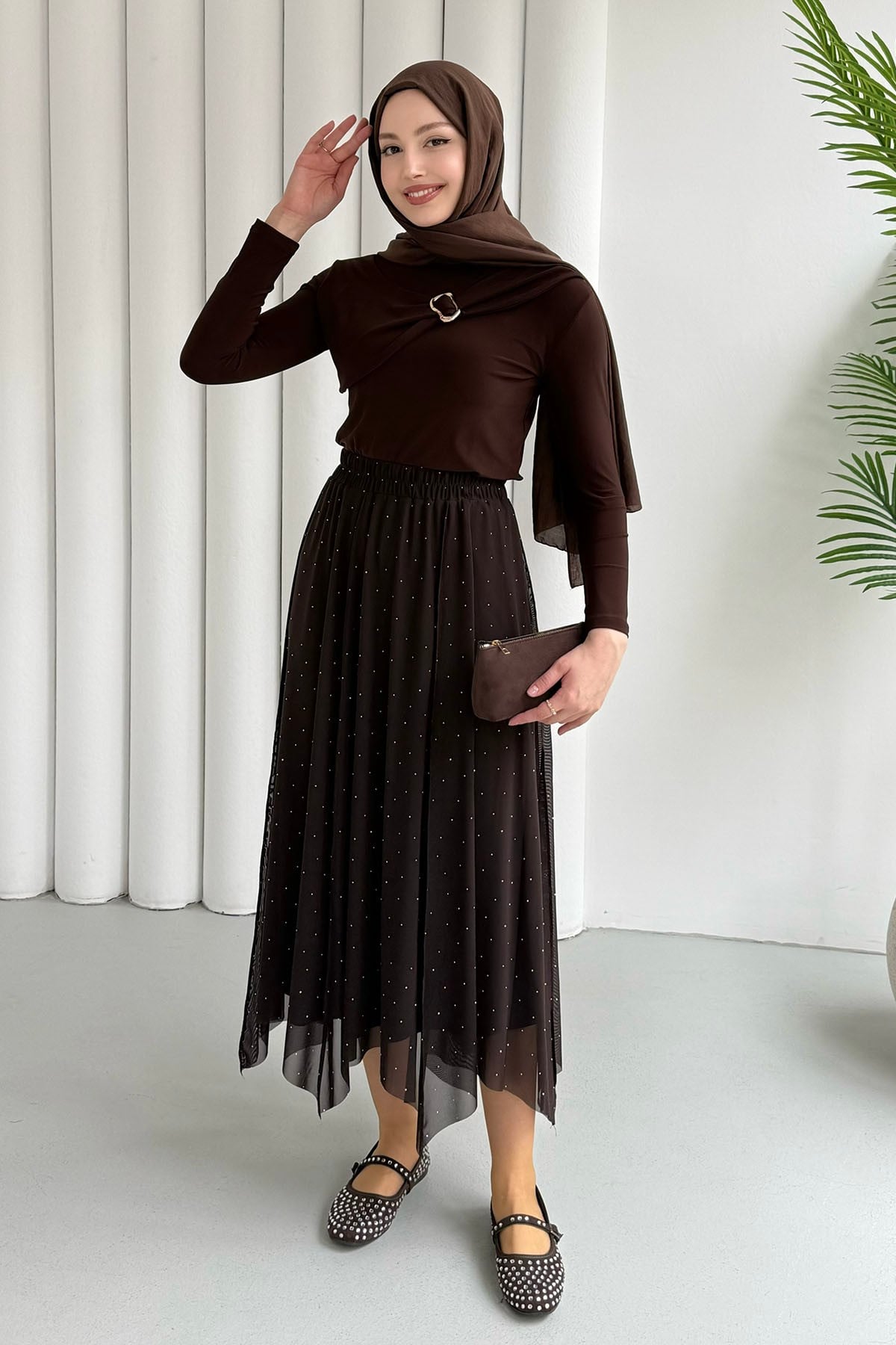 Taş Serpmeli Asimetrik Kesim Etek-KAHVERENGİ