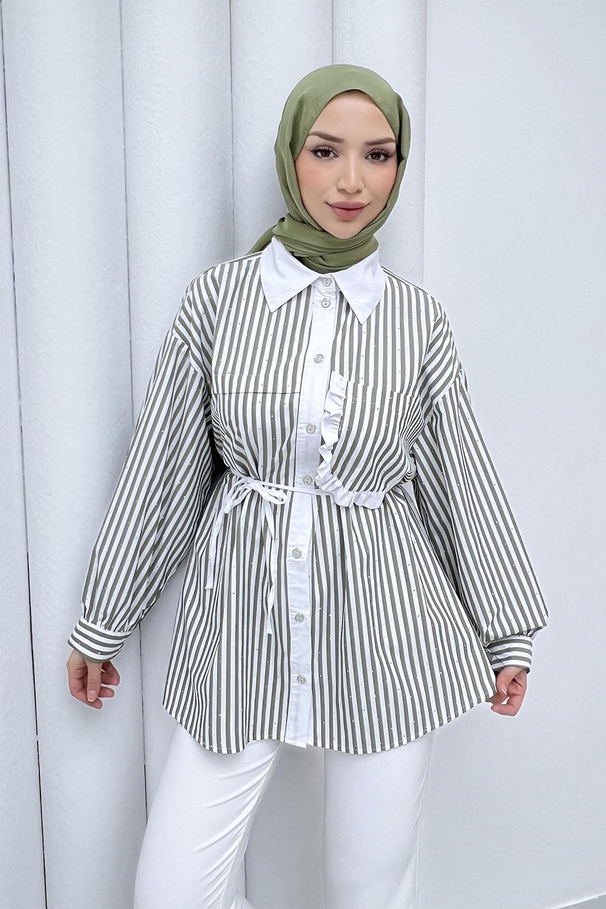 Taş Serpmeli Çizgili Cep Detaylı Gömlek-YEŞİL