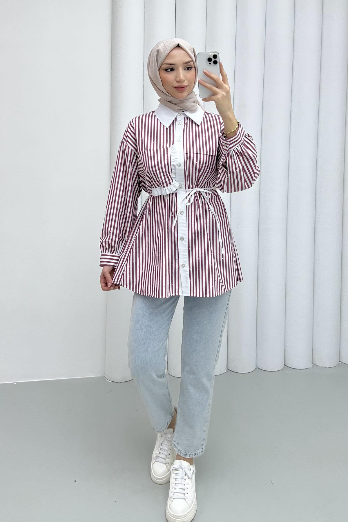Taş Serpmeli Çizgili Cep Detaylı Gömlek-BORDO