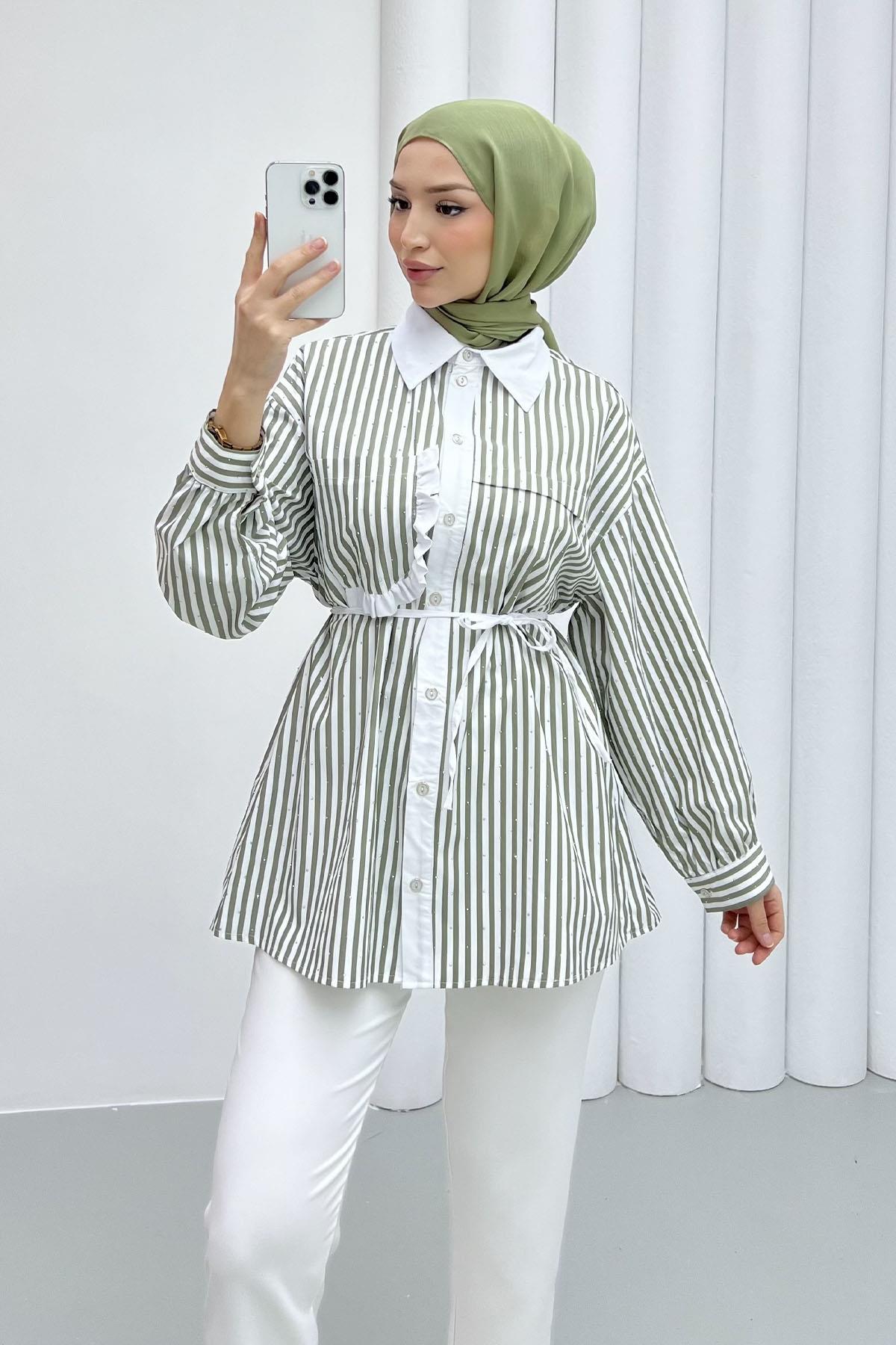 Taş Serpmeli Çizgili Cep Detaylı Gömlek-YEŞİL
