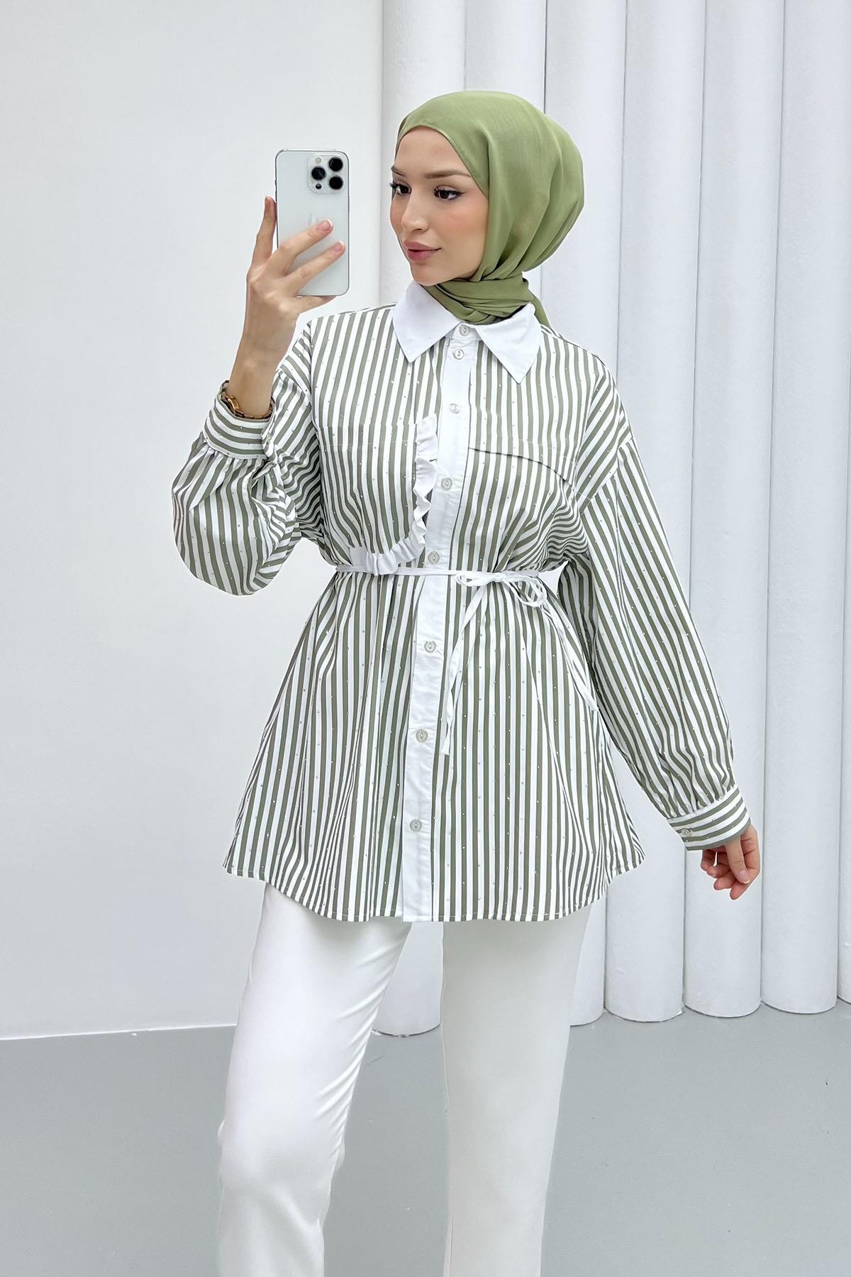 Taş Serpmeli Çizgili Cep Detaylı Gömlek-YEŞİL