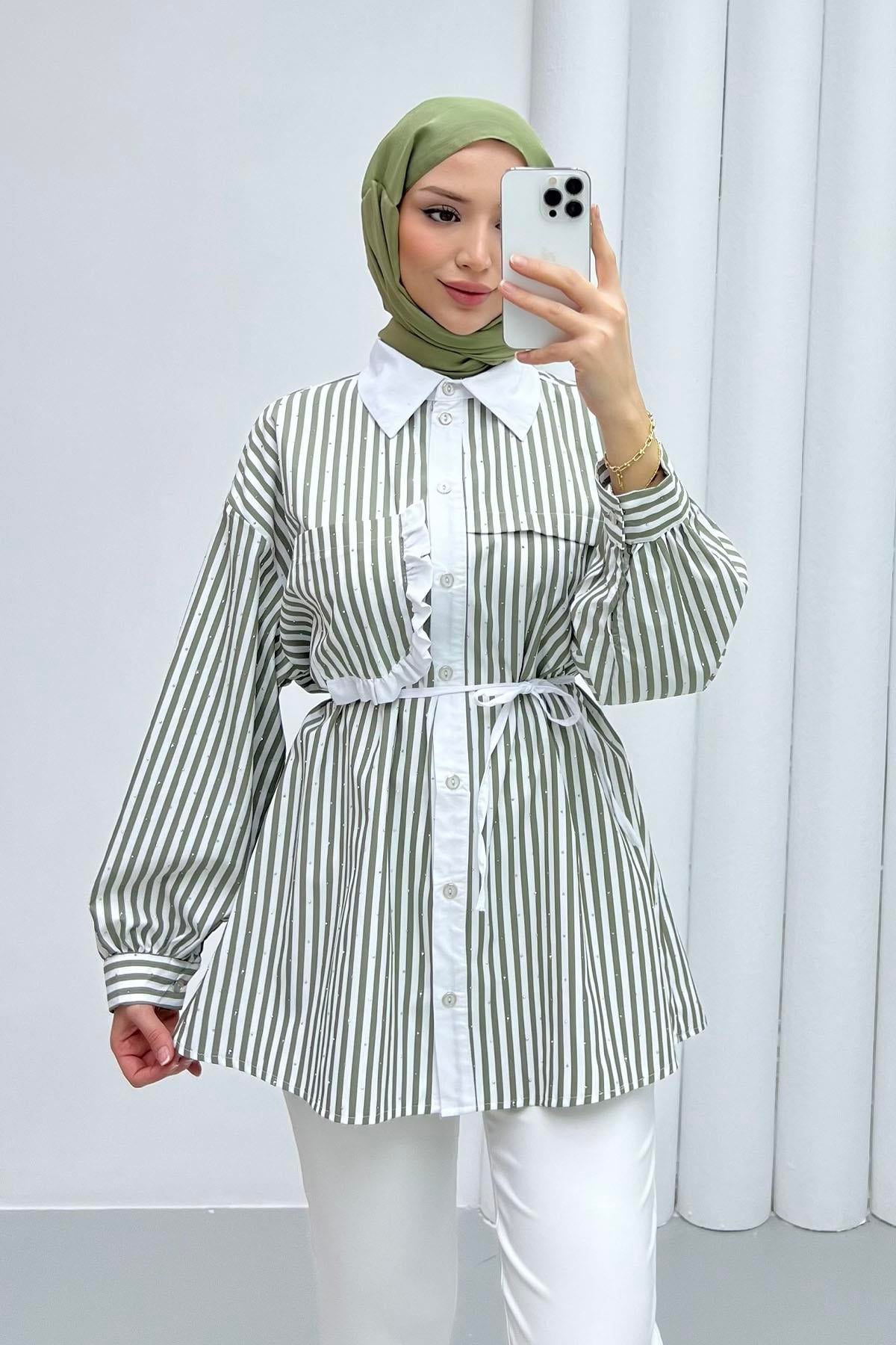 Taş Serpmeli Çizgili Cep Detaylı Gömlek-YEŞİL