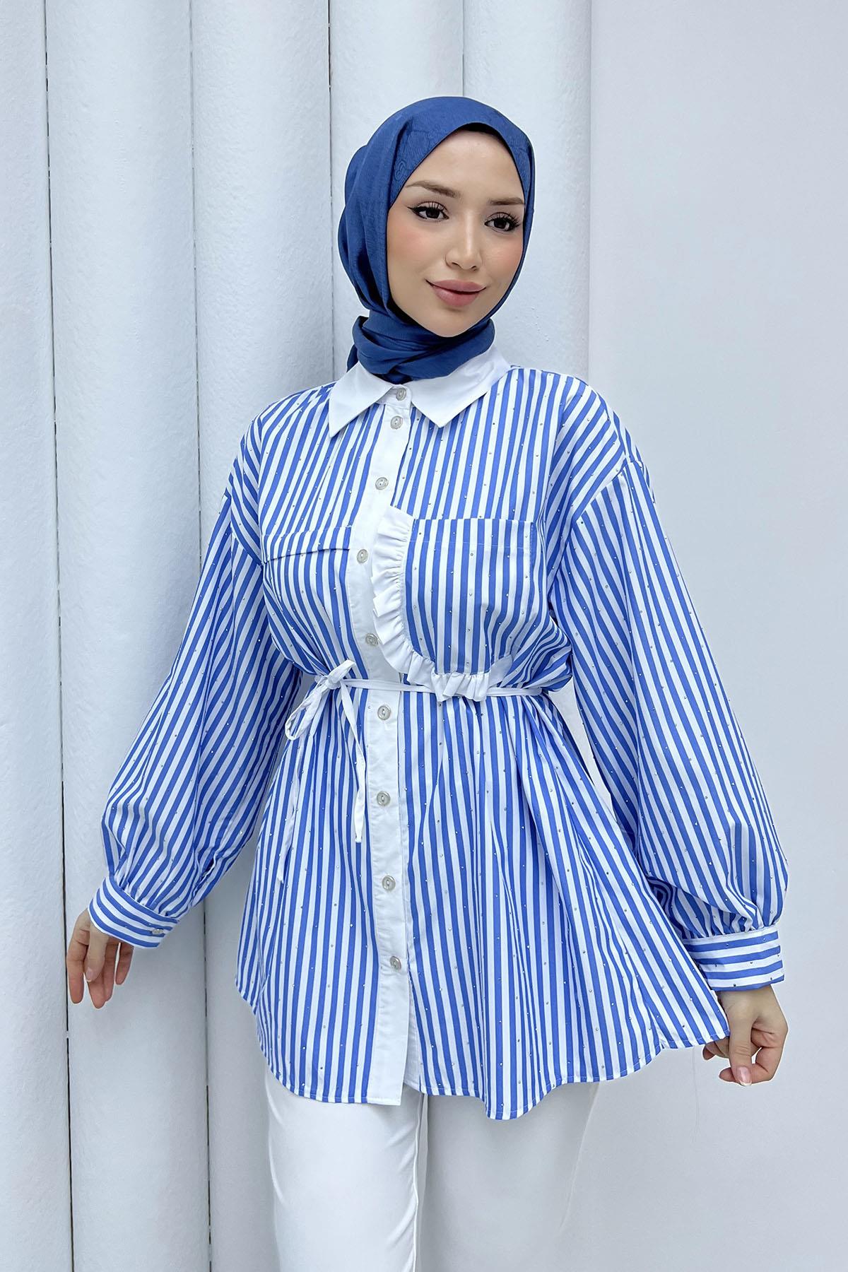 Taş Serpmeli Çizgili Cep Detaylı Gömlek-MAVİ