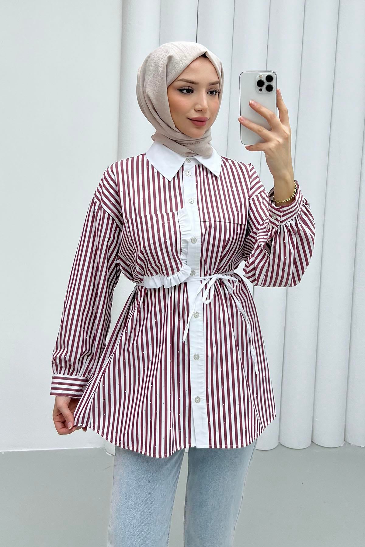 Taş Serpmeli Çizgili Cep Detaylı Gömlek-BORDO