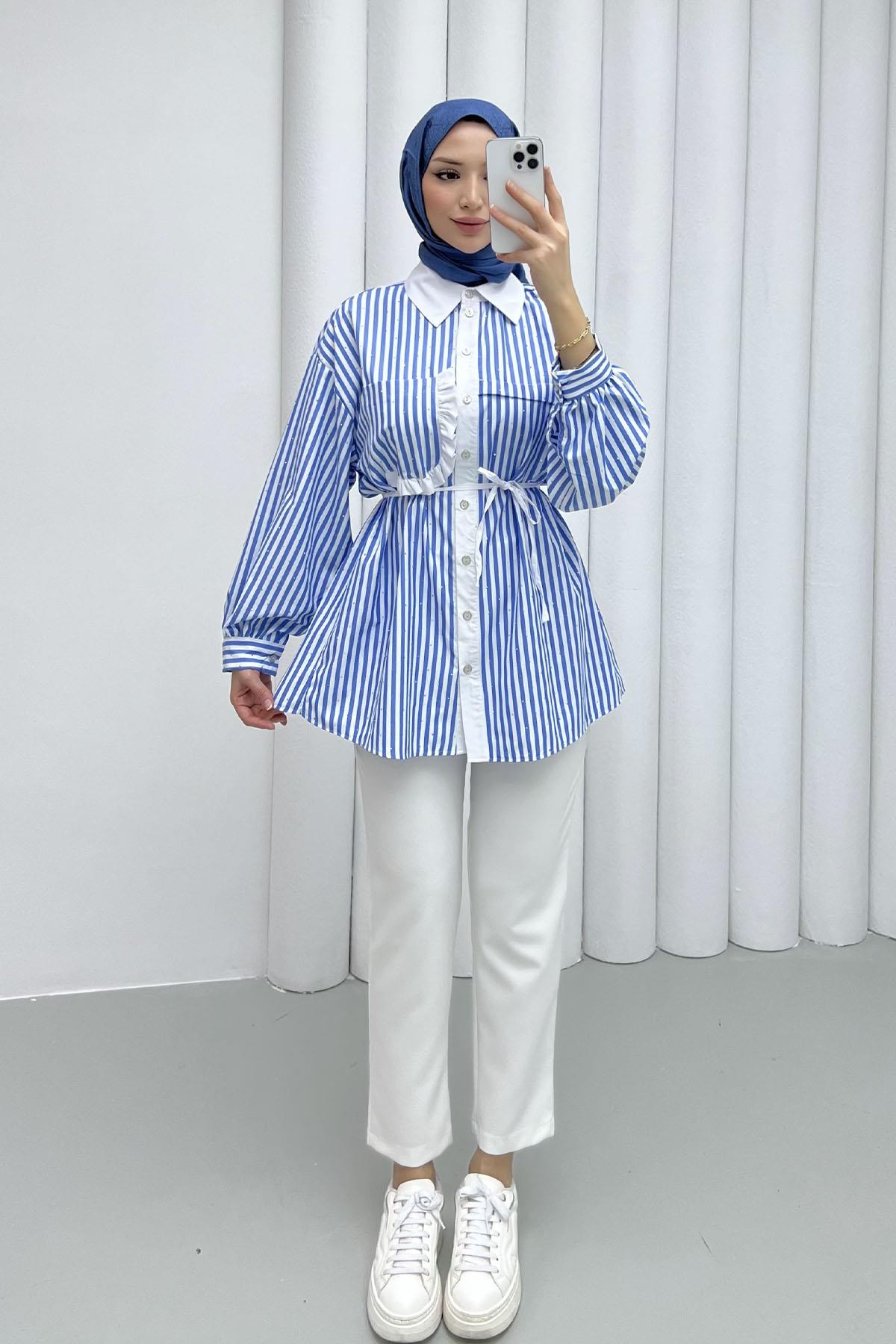 Taş Serpmeli Çizgili Cep Detaylı Gömlek-MAVİ