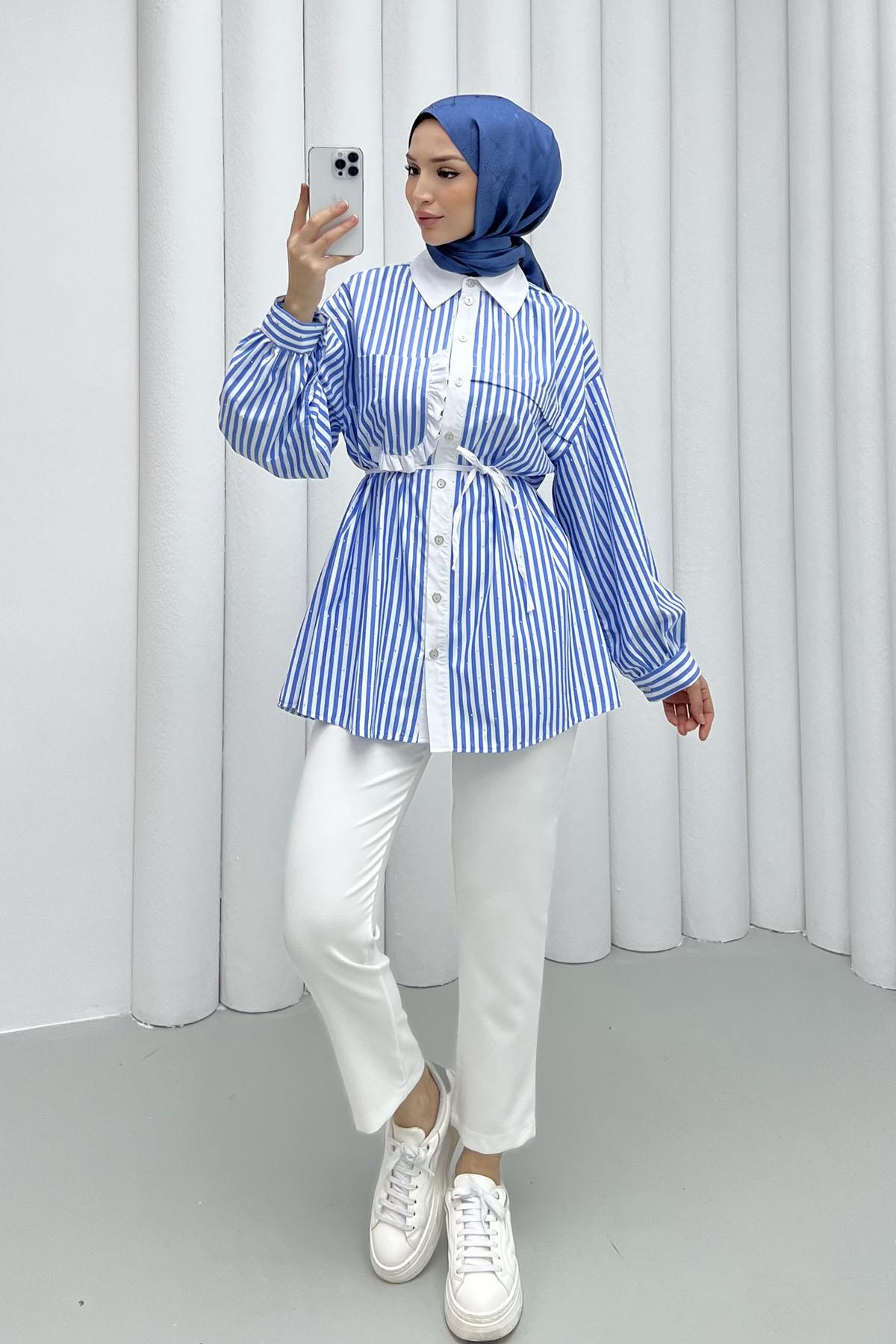 Taş Serpmeli Çizgili Cep Detaylı Gömlek-MAVİ