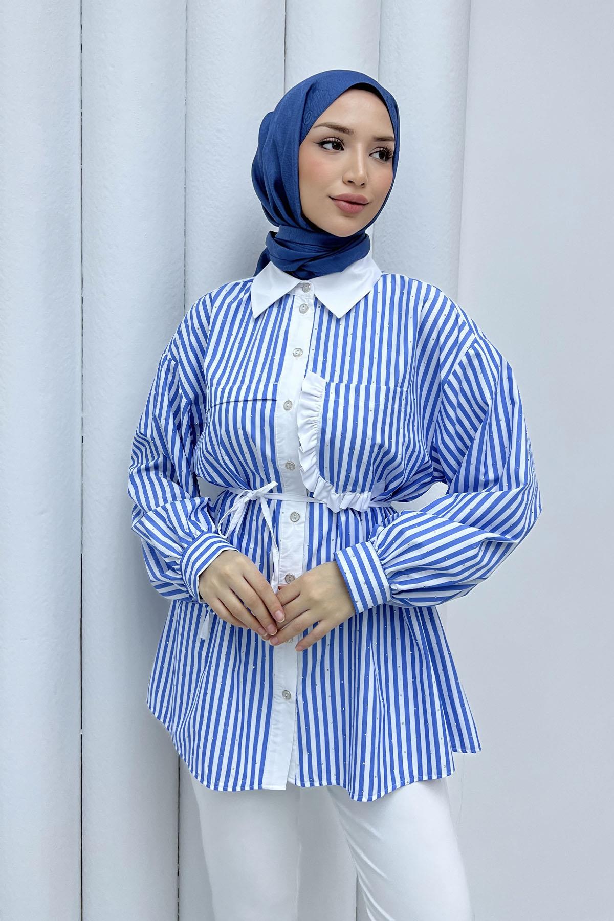 Taş Serpmeli Çizgili Cep Detaylı Gömlek-MAVİ