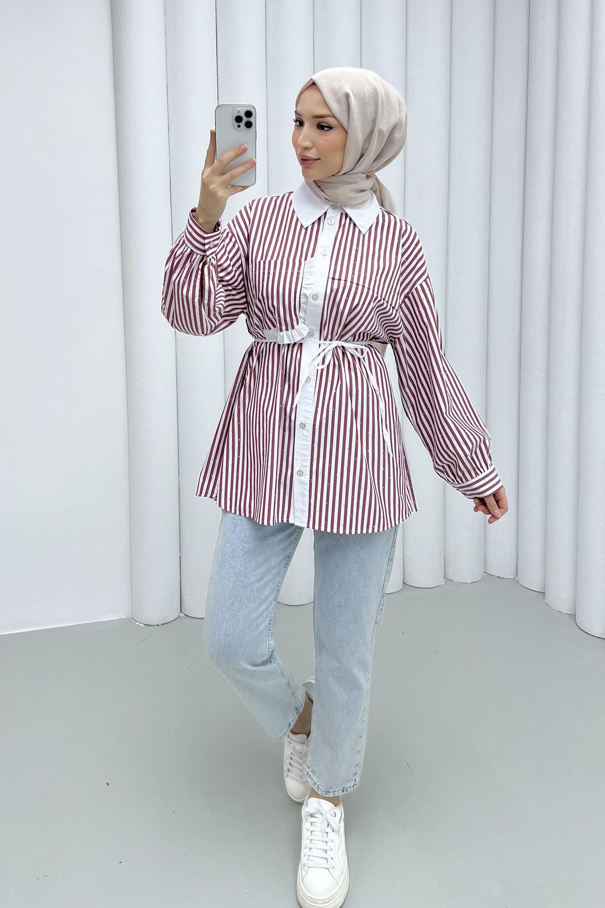 Taş Serpmeli Çizgili Cep Detaylı Gömlek-BORDO