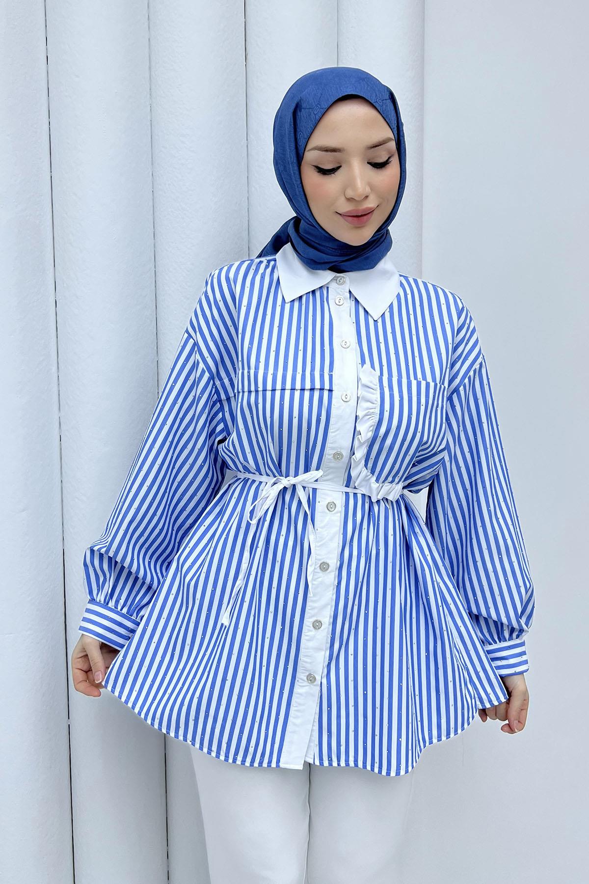Taş Serpmeli Çizgili Cep Detaylı Gömlek-MAVİ