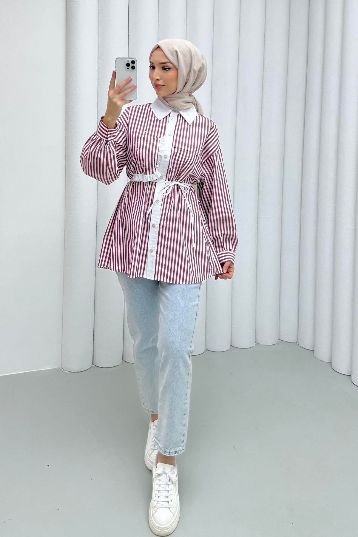 Taş Serpmeli Çizgili Cep Detaylı Gömlek-BORDO