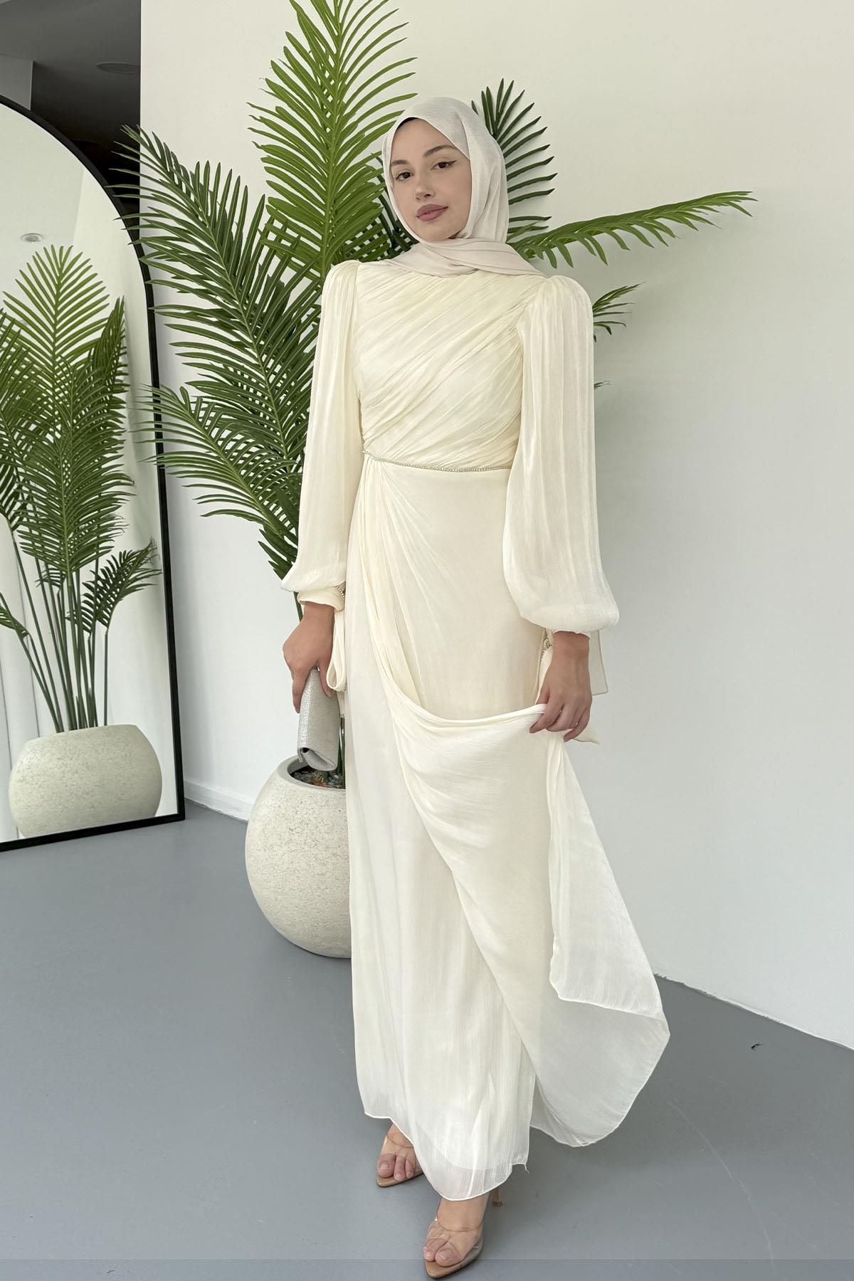 Taşla Süslenmiş Zarif Tesettür Abiye-EKRU