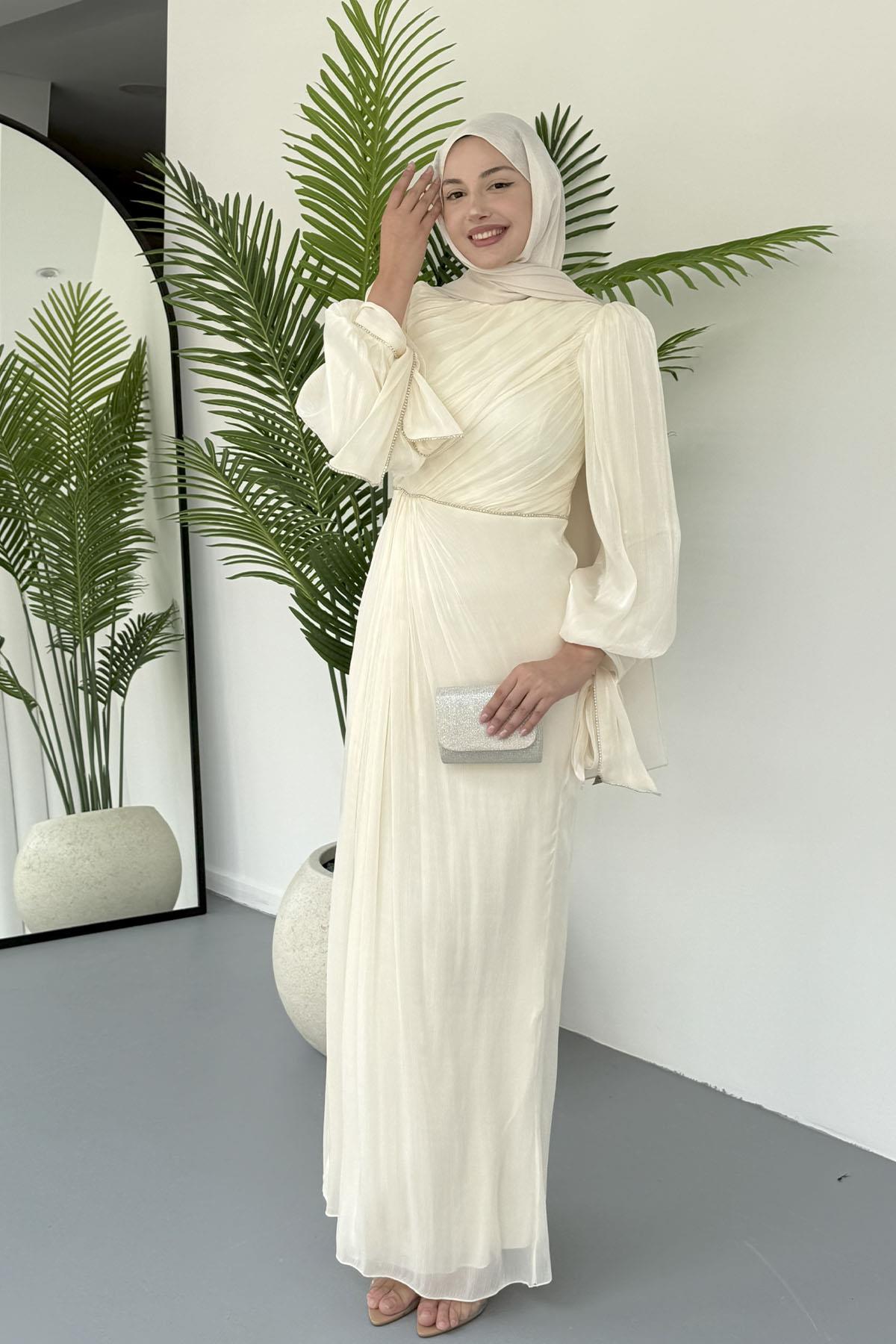 Taşla Süslenmiş Zarif Tesettür Abiye-EKRU