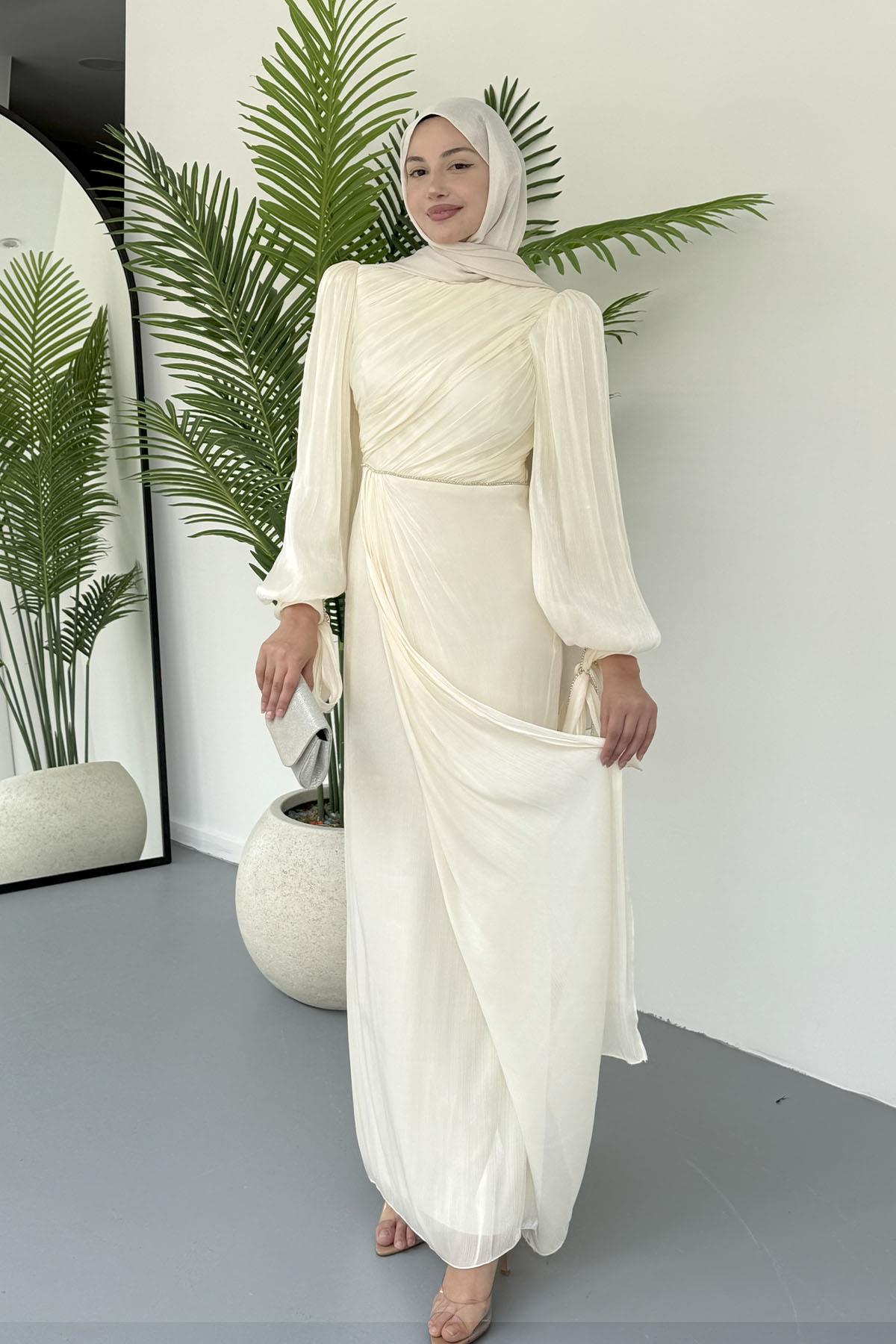 Taşla Süslenmiş Zarif Tesettür Abiye-EKRU