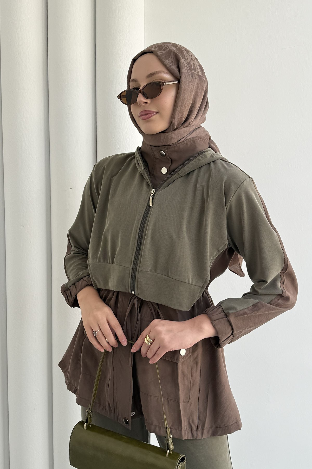 Tencel Kumaş Pantolonlu Üçlü Tesettür Takım-HAKİ YEŞİL