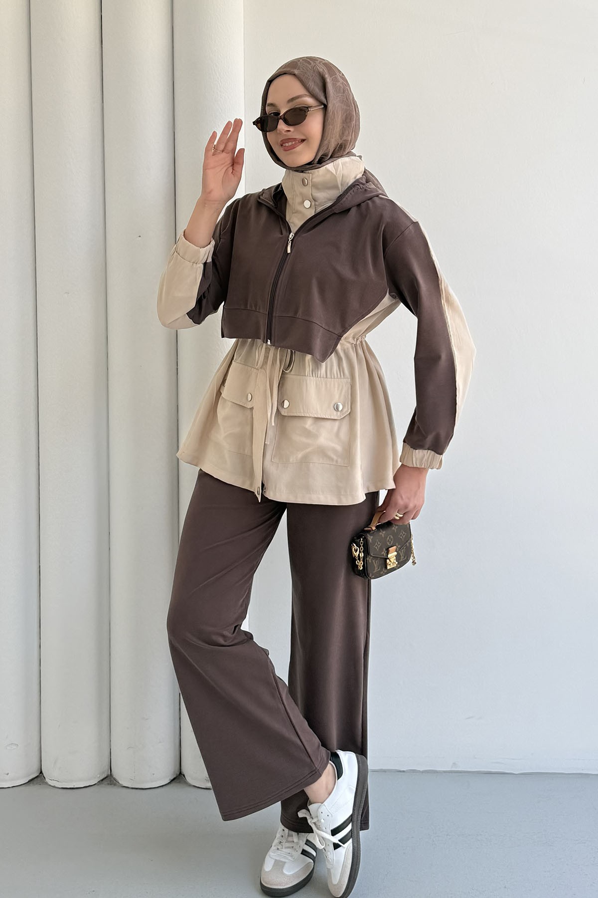 Tencel Kumaş Pantolonlu Üçlü Tesettür Takım-KAHVERENGİ