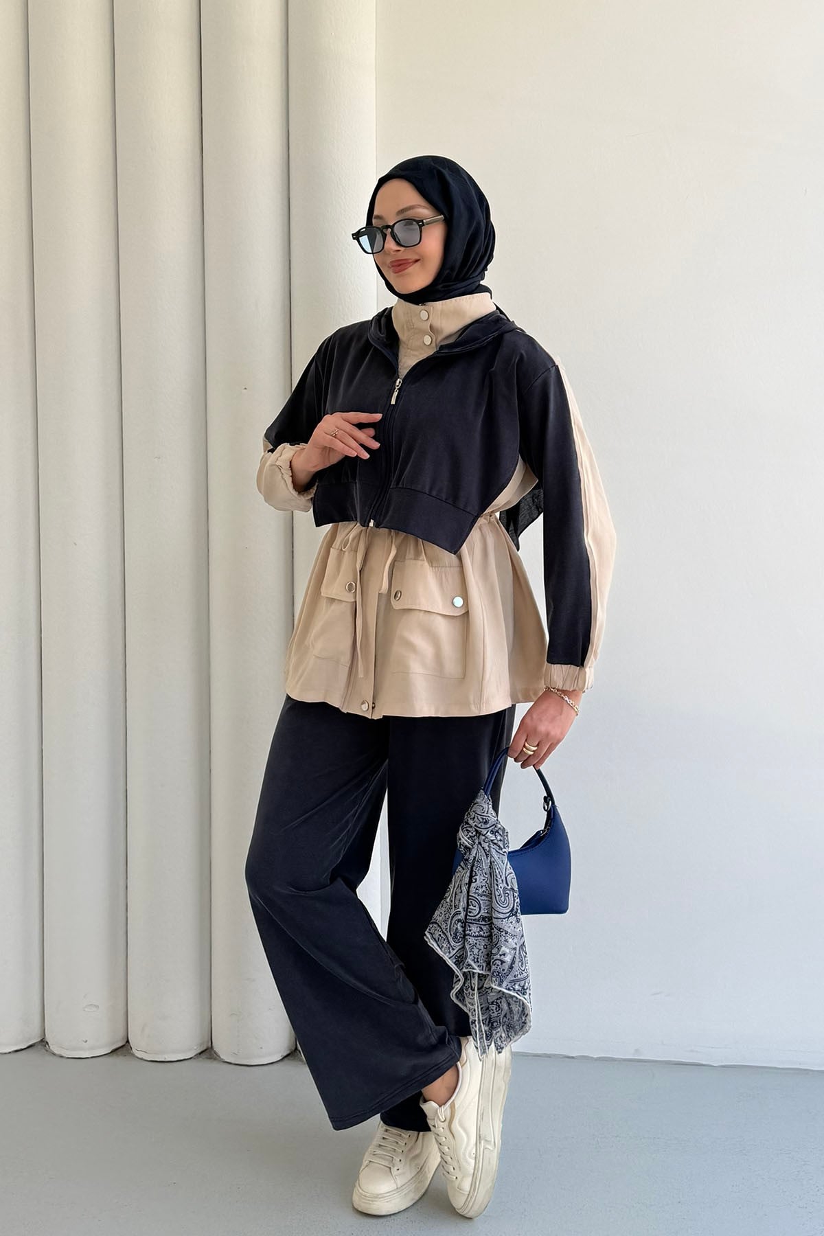 Tencel Kumaş Pantolonlu Üçlü Tesettür Takım-LACİVERT