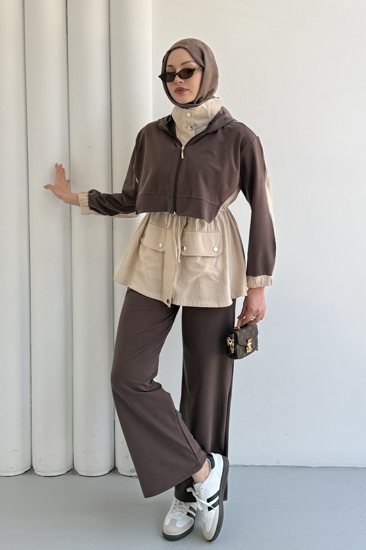 Tencel Kumaş Pantolonlu Üçlü Tesettür Takım-KAHVERENGİ