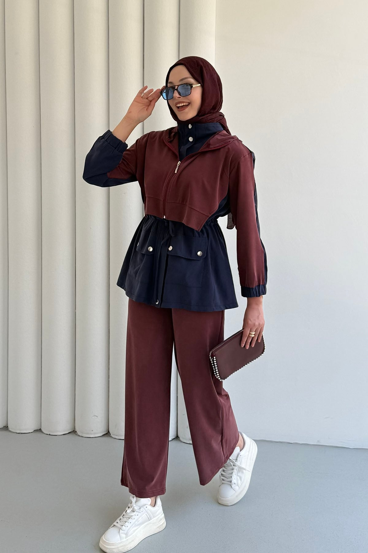 Tencel Kumaş Pantolonlu Üçlü Tesettür Takım-BORDO