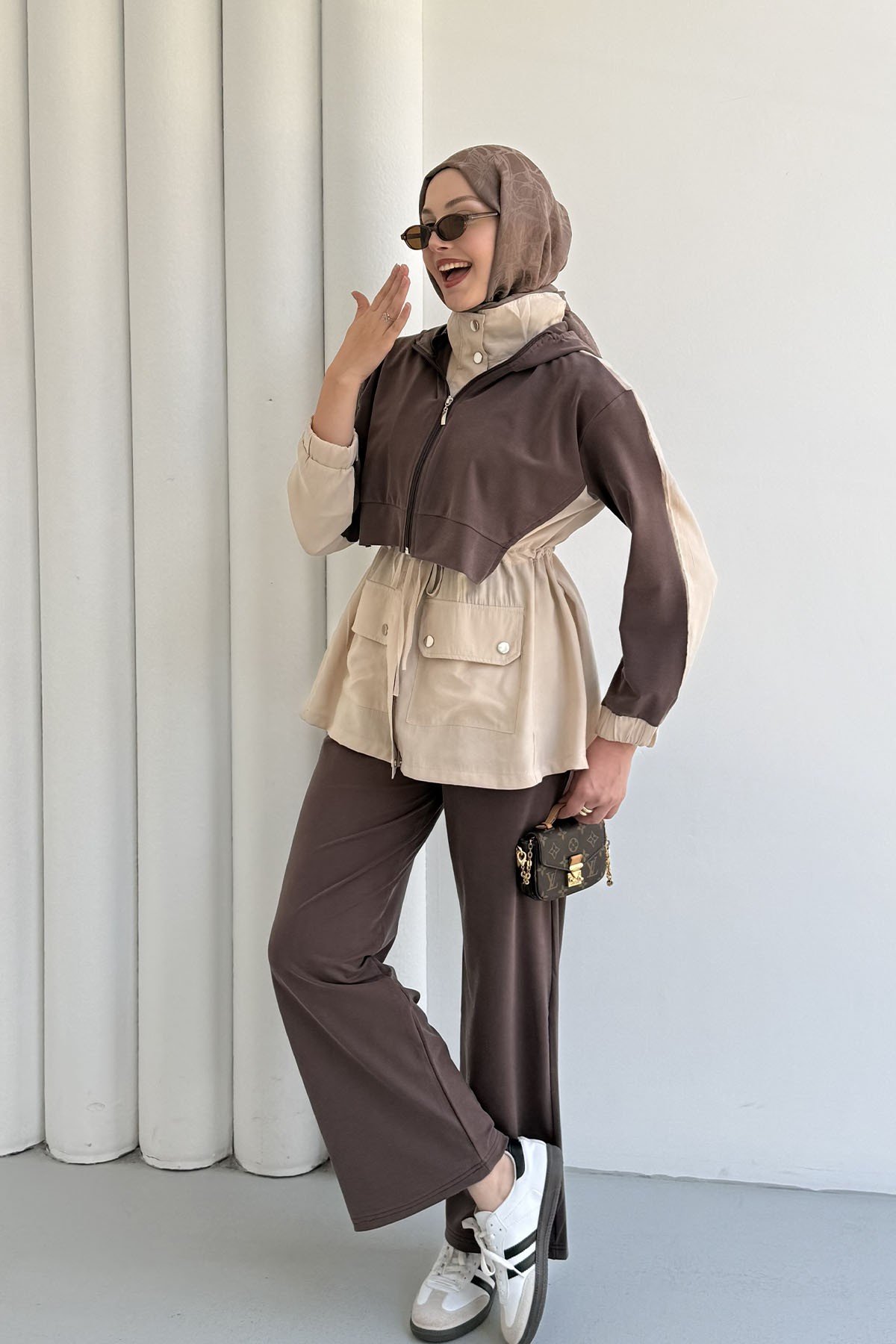 Tencel Kumaş Pantolonlu Üçlü Tesettür Takım-KAHVERENGİ