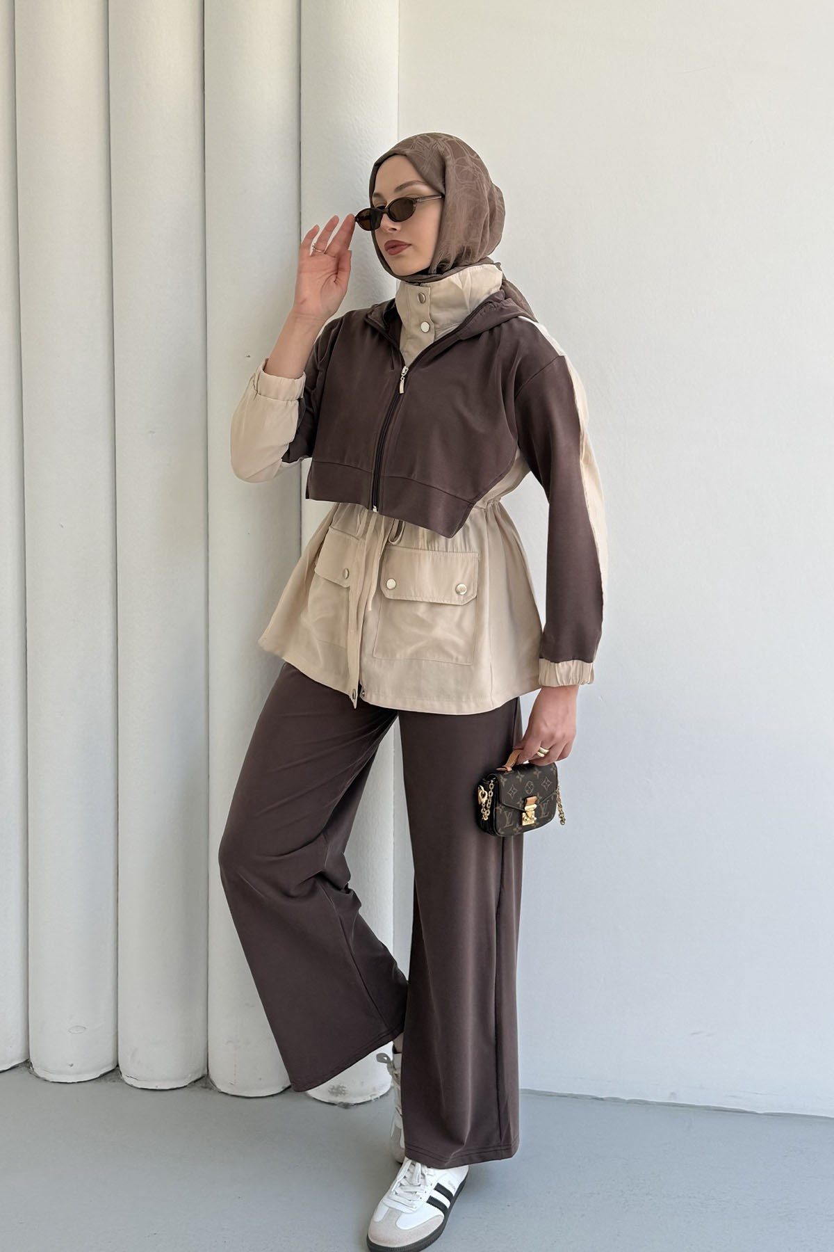 Tencel Kumaş Pantolonlu Üçlü Tesettür Takım-KAHVERENGİ