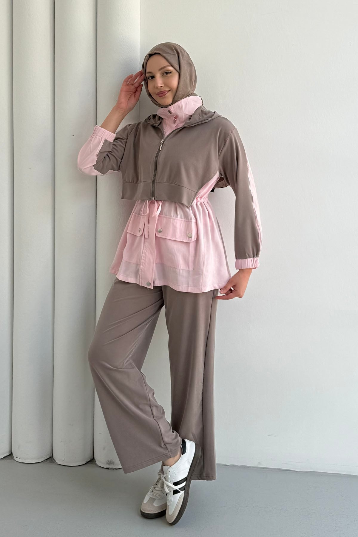 Tencel Kumaş Pantolonlu Üçlü Tesettür Takım-VİZON