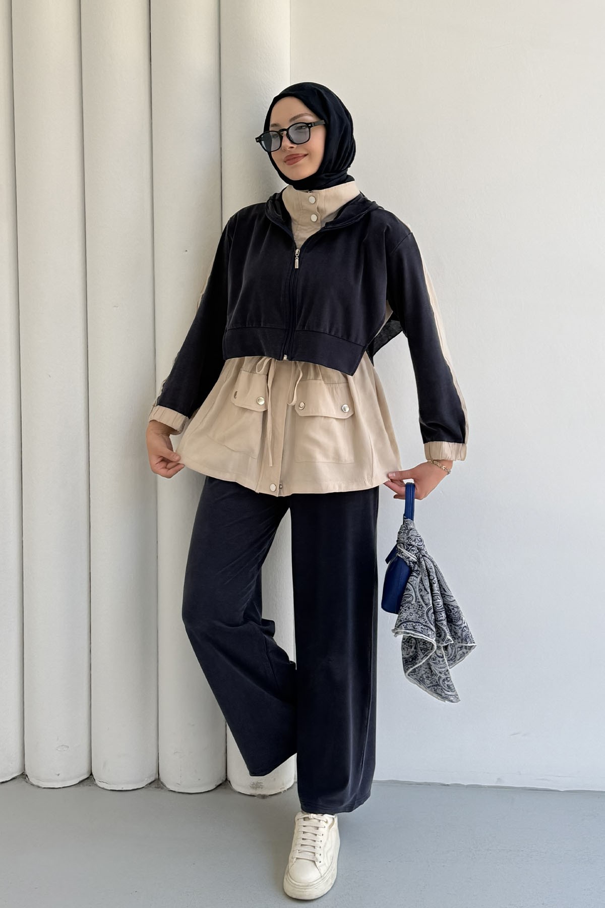 Tencel Kumaş Pantolonlu Üçlü Tesettür Takım-LACİVERT