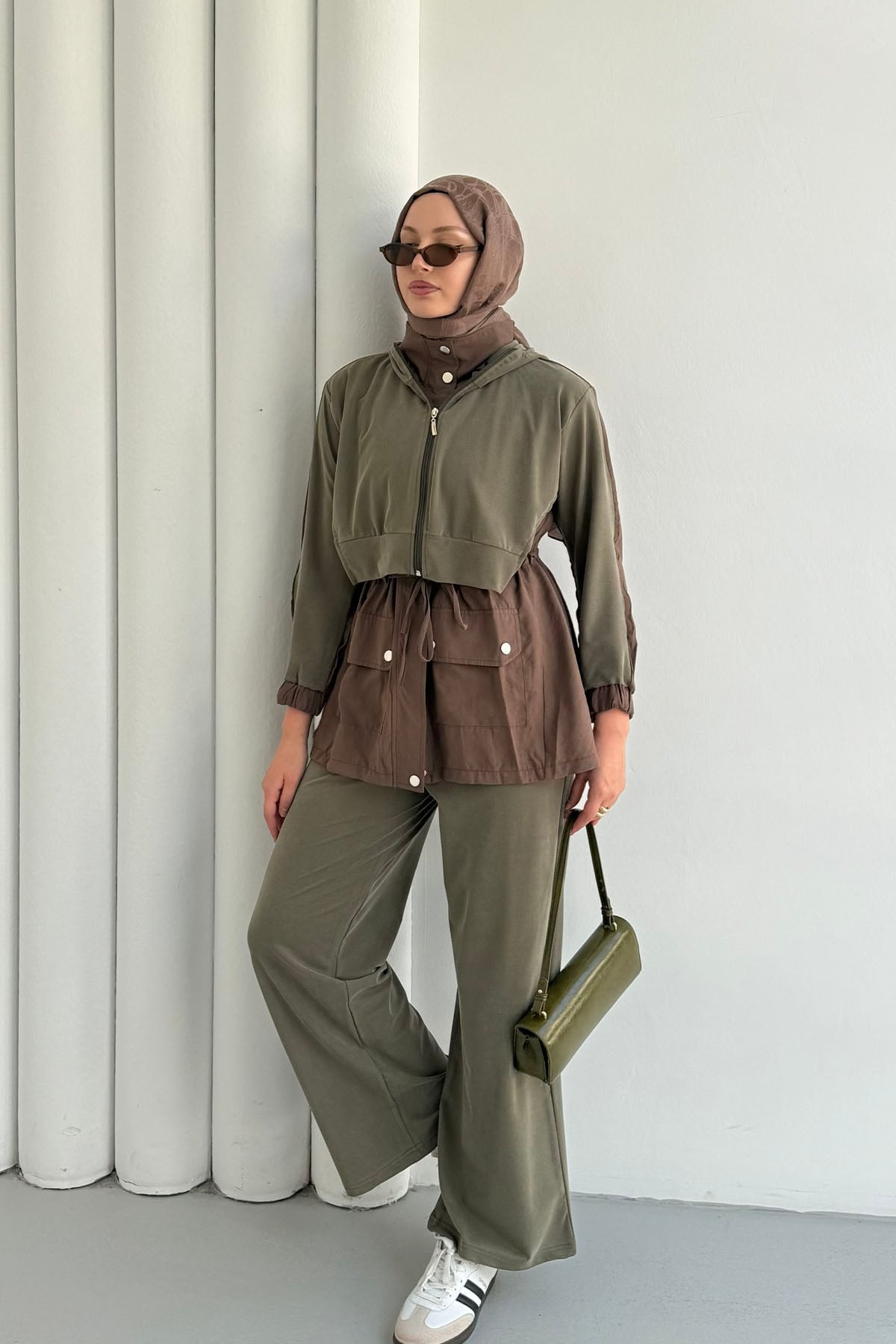 Tencel Kumaş Pantolonlu Üçlü Tesettür Takım-HAKİ YEŞİL