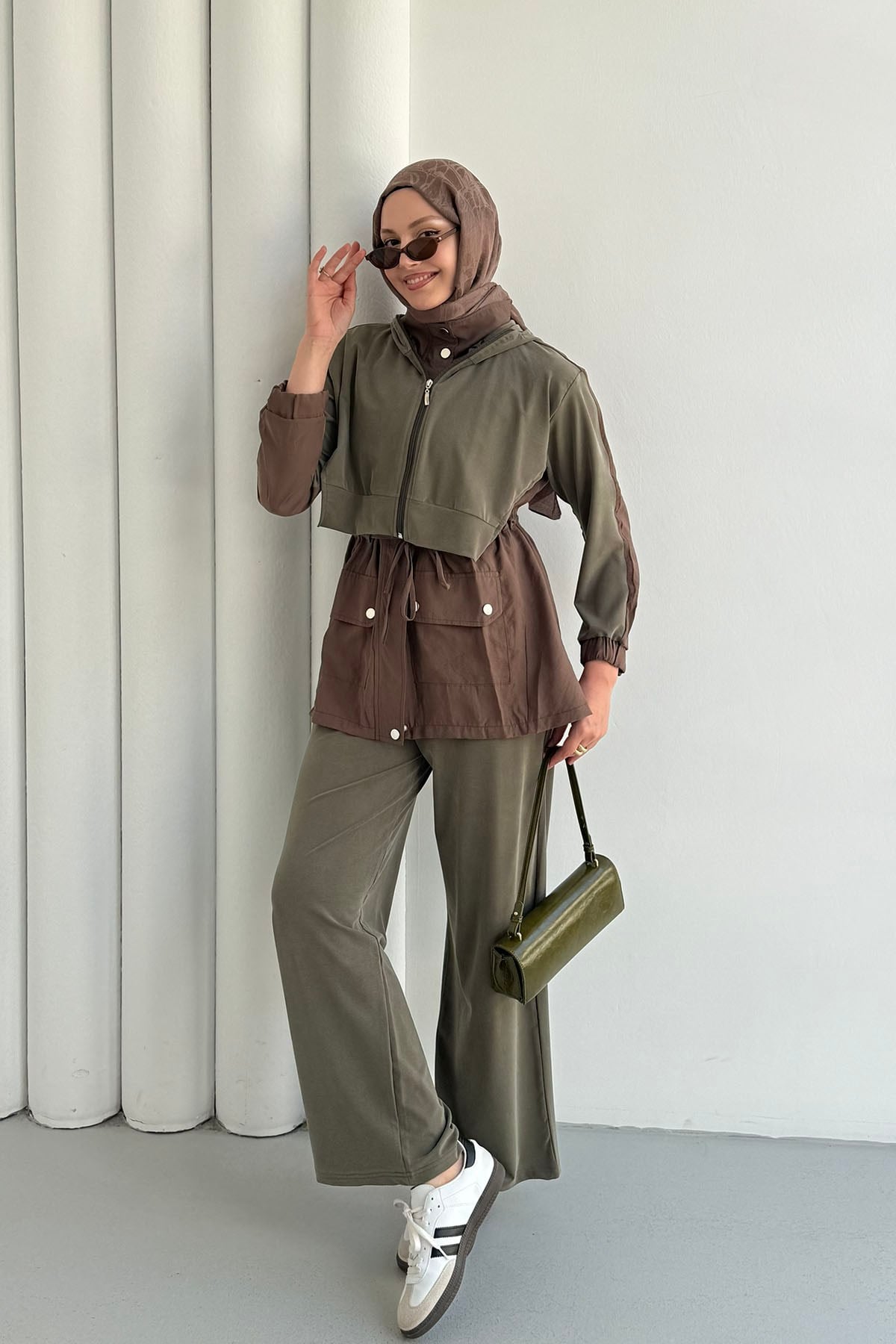 Tencel Kumaş Pantolonlu Üçlü Tesettür Takım-HAKİ YEŞİL