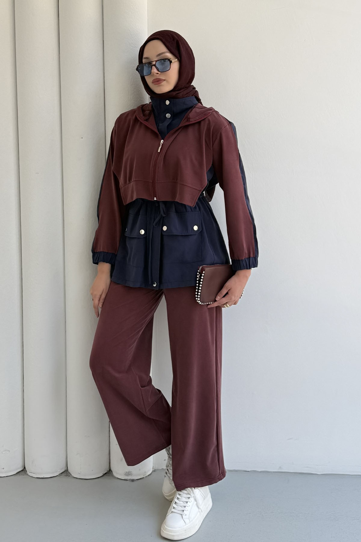 Tencel Kumaş Pantolonlu Üçlü Tesettür Takım-BORDO