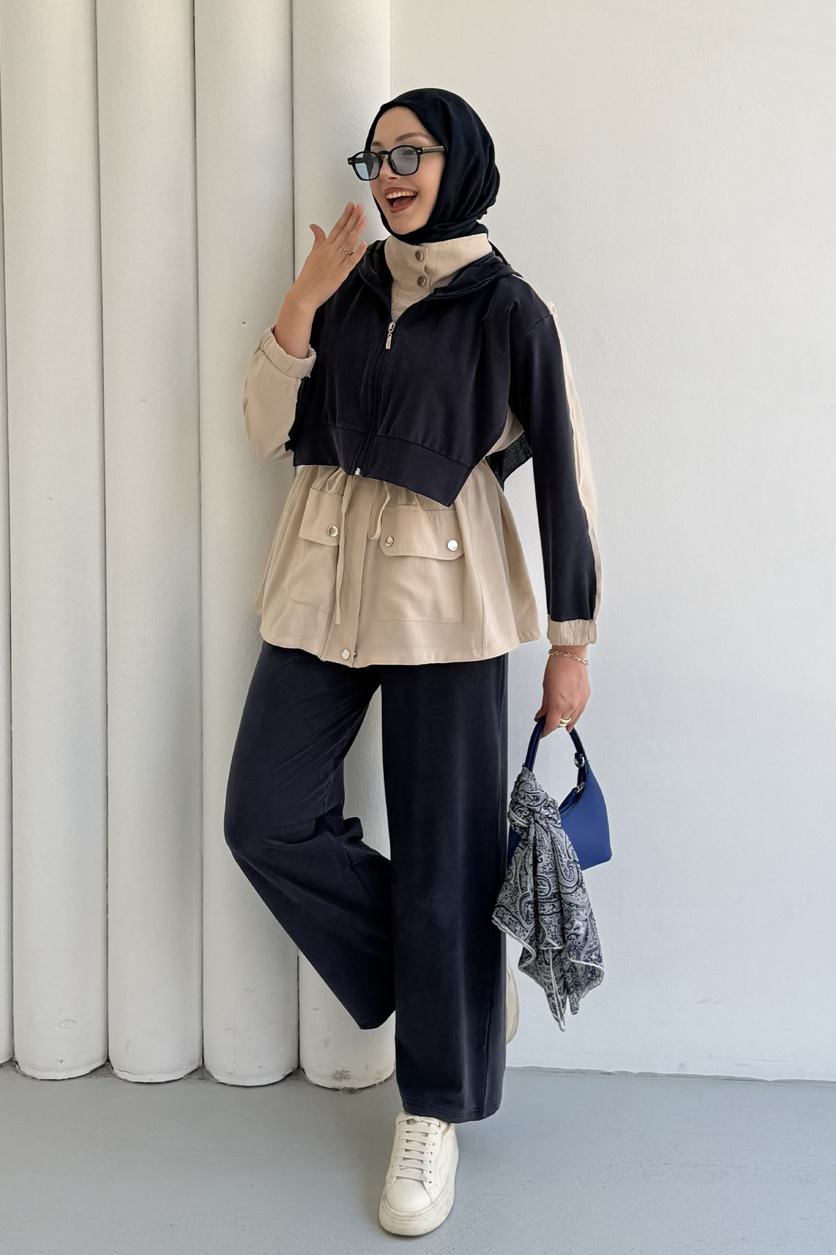 Tencel Kumaş Pantolonlu Üçlü Tesettür Takım-LACİVERT