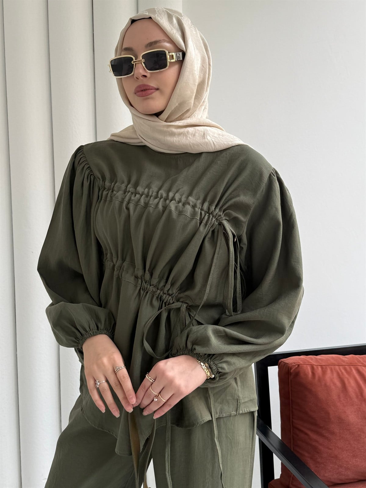 Tüneli Bağcık Detaylı Tesettür Takım-HAKİ YEŞİL