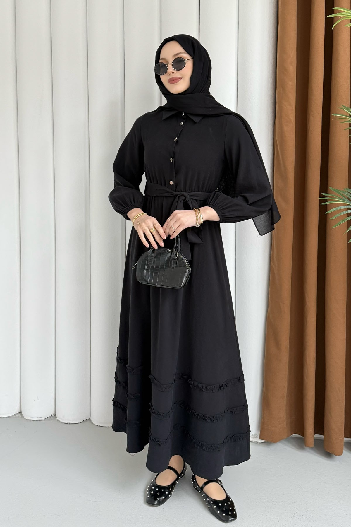 Twis Yarım Düğmeli Zarif Tesettür Elbise-SİYAH