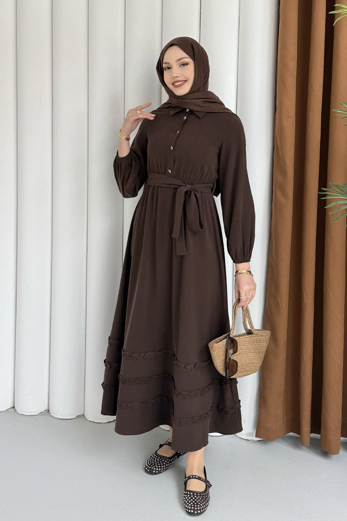 Twis Yarım Düğmeli Zarif Tesettür Elbise-KAHVERENGİ