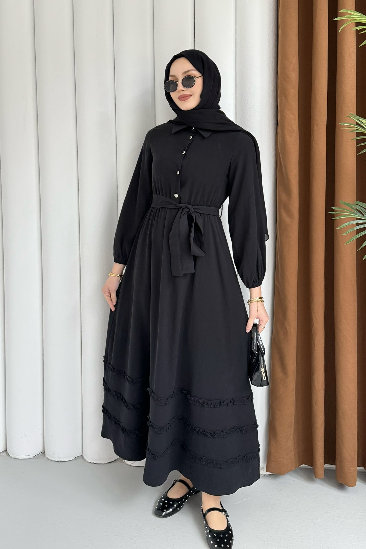 Twis Yarım Düğmeli Zarif Tesettür Elbise-SİYAH