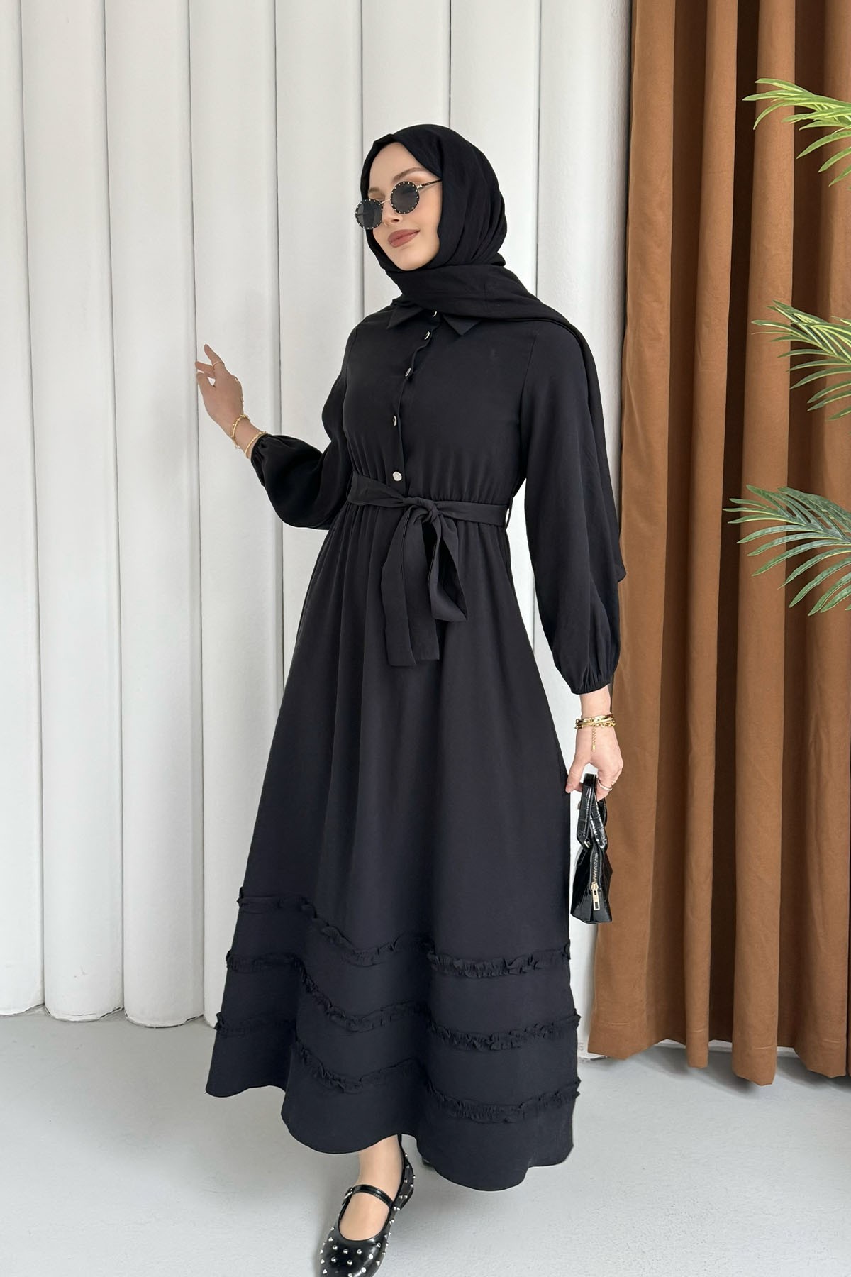 Twis Yarım Düğmeli Zarif Tesettür Elbise-SİYAH