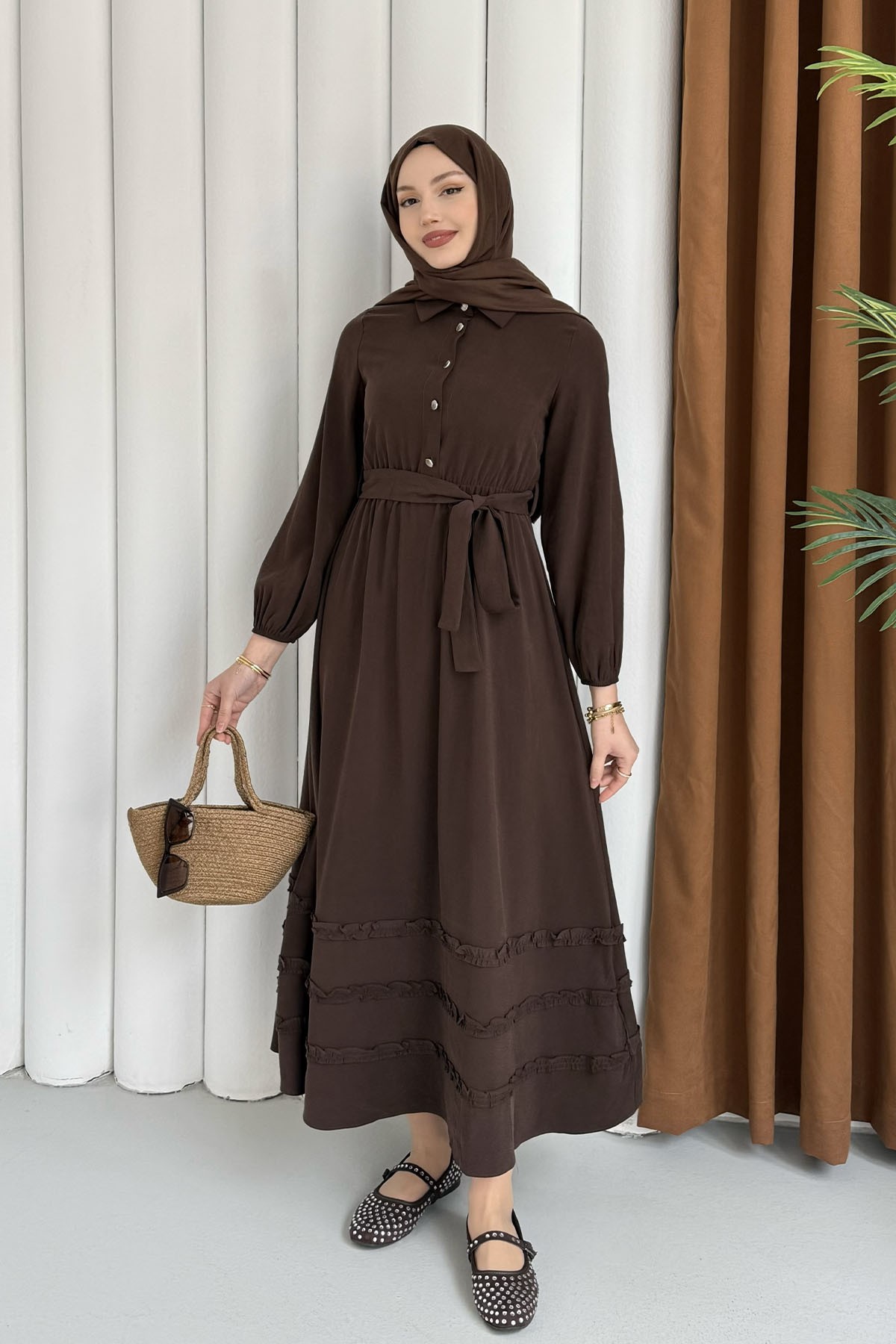 Twis Yarım Düğmeli Zarif Tesettür Elbise-KAHVERENGİ