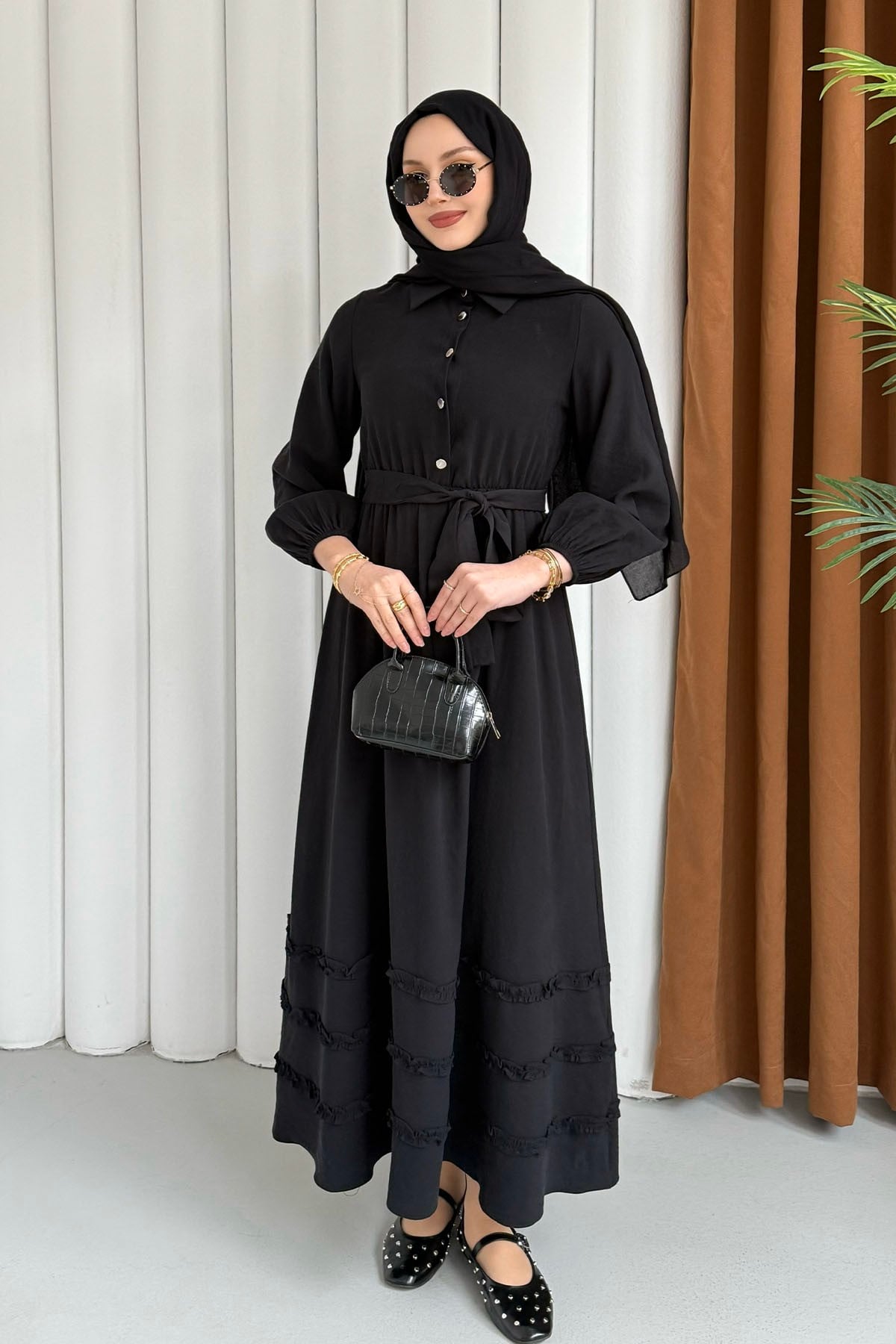 Twis Yarım Düğmeli Zarif Tesettür Elbise-SİYAH