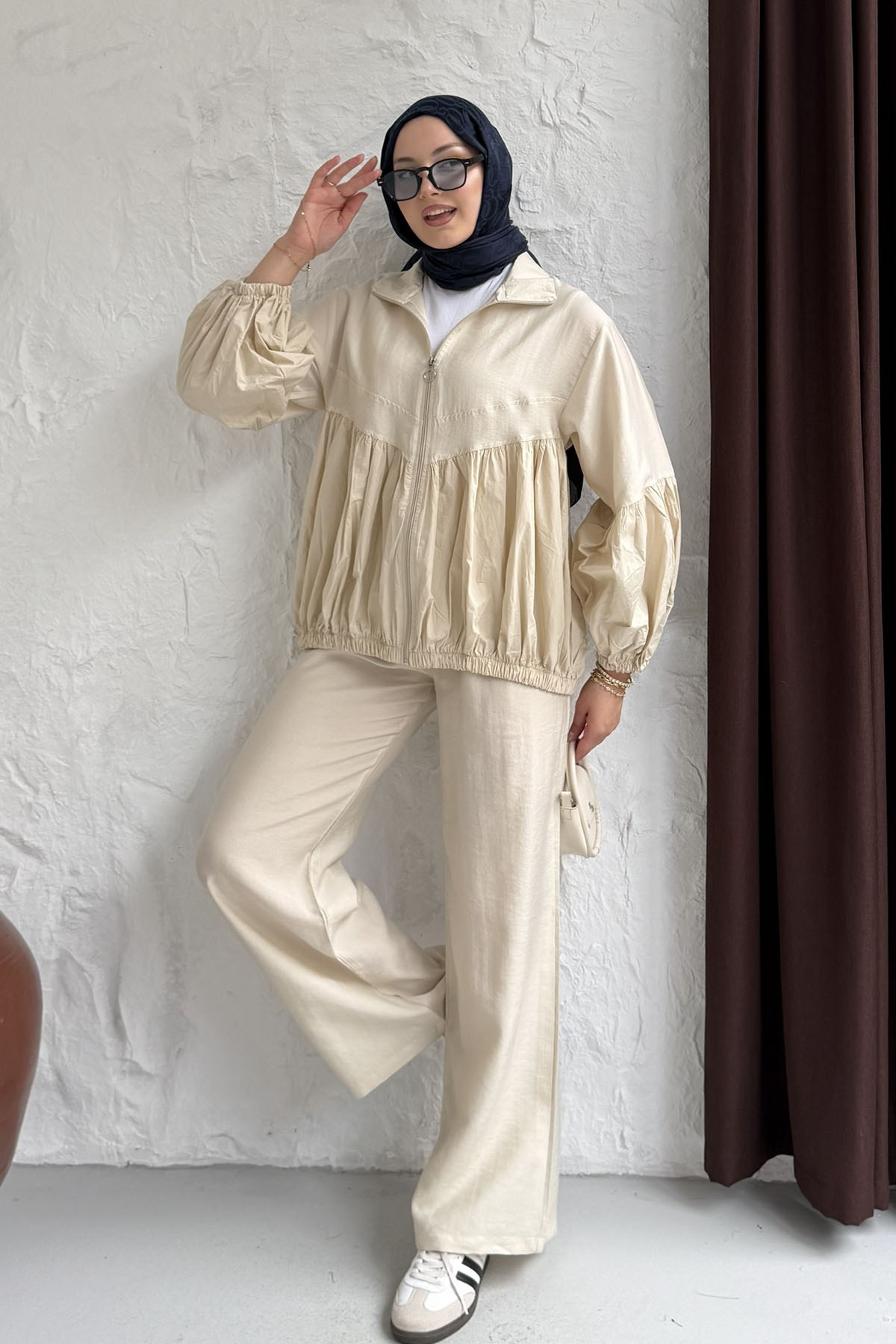 Üst Fermuarlı Balon Kol Peplum Tesettür Takım-TAŞ