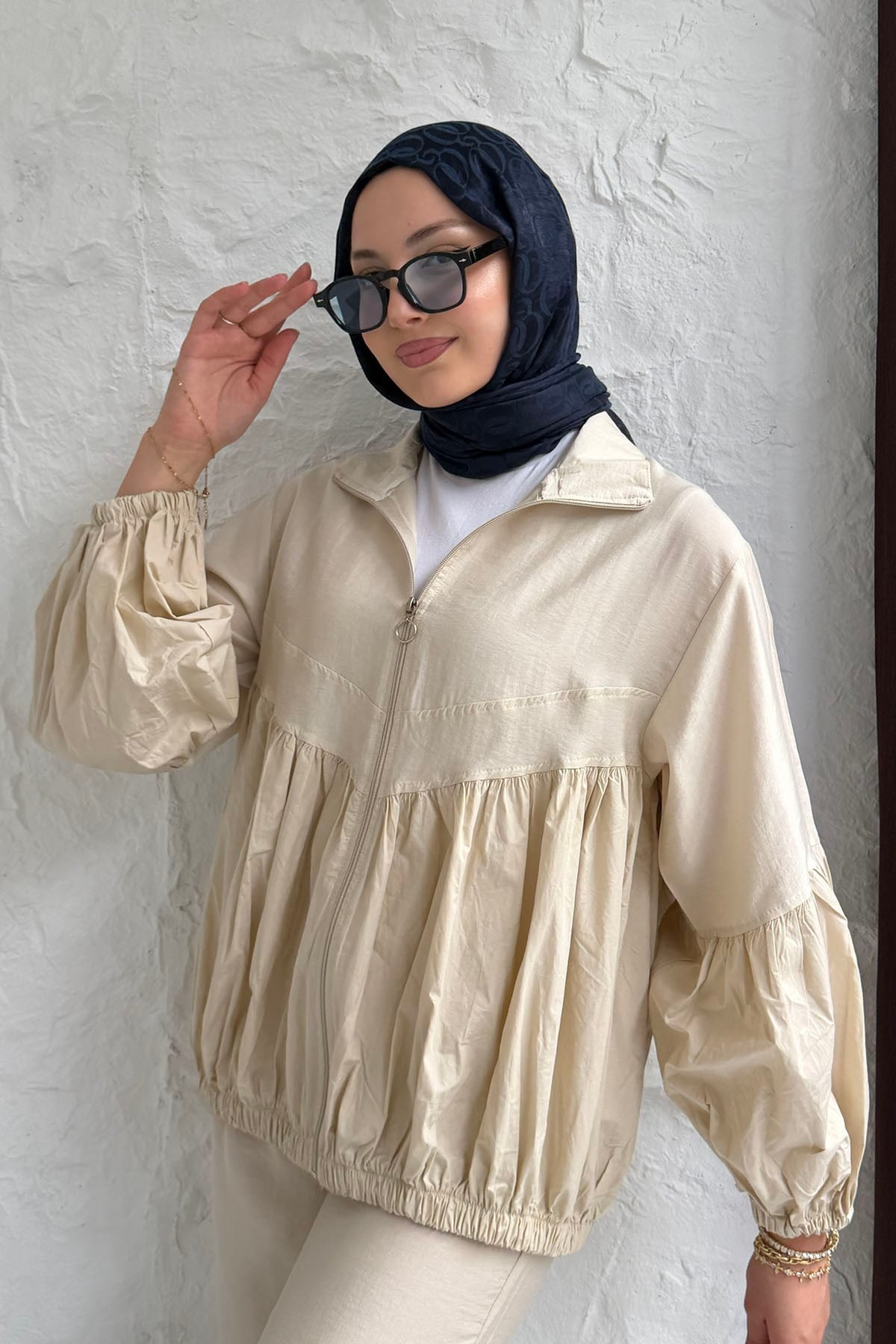 Üst Fermuarlı Balon Kol Peplum Tesettür Takım-TAŞ
