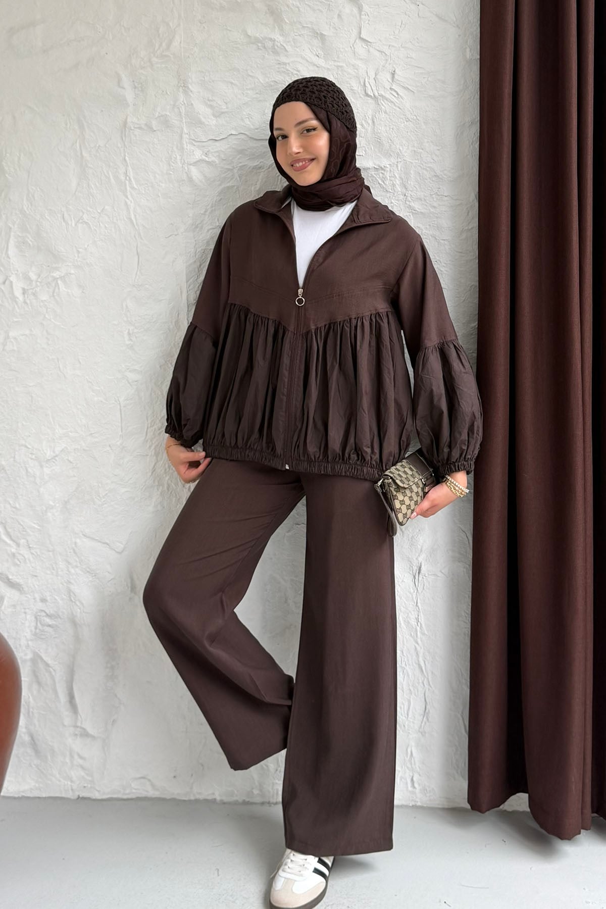 Üst Fermuarlı Balon Kol Peplum Tesettür Takım-KAHVERENGİ