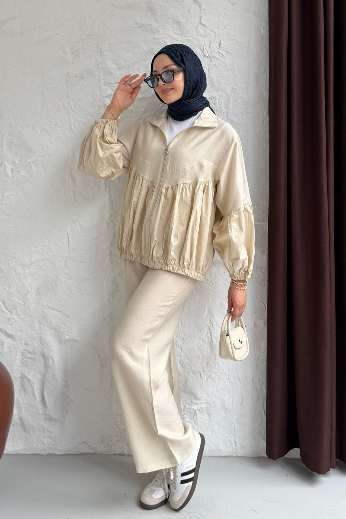 Üst Fermuarlı Balon Kol Peplum Tesettür Takım-TAŞ